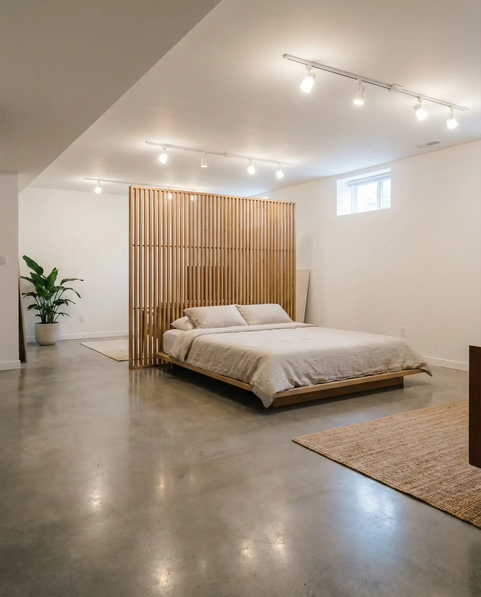 Open-Concept Basement Bedroom with Room Dividers 1