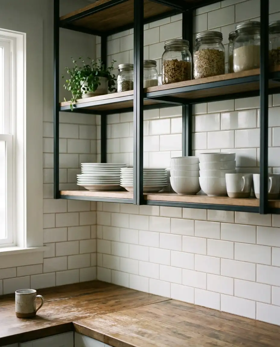 Open Shelving in Black Metal with White Dishware 1