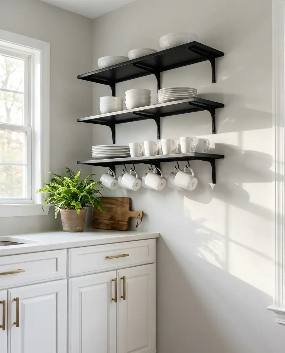 Open Shelving in Black Metal with White Dishware 2