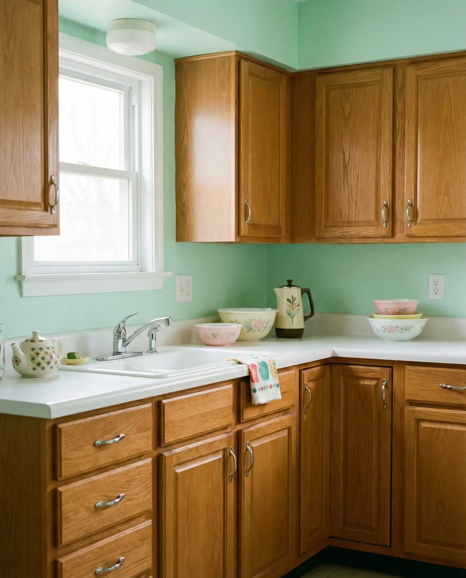 Pale Mint Walls with Oak Cabinets 1