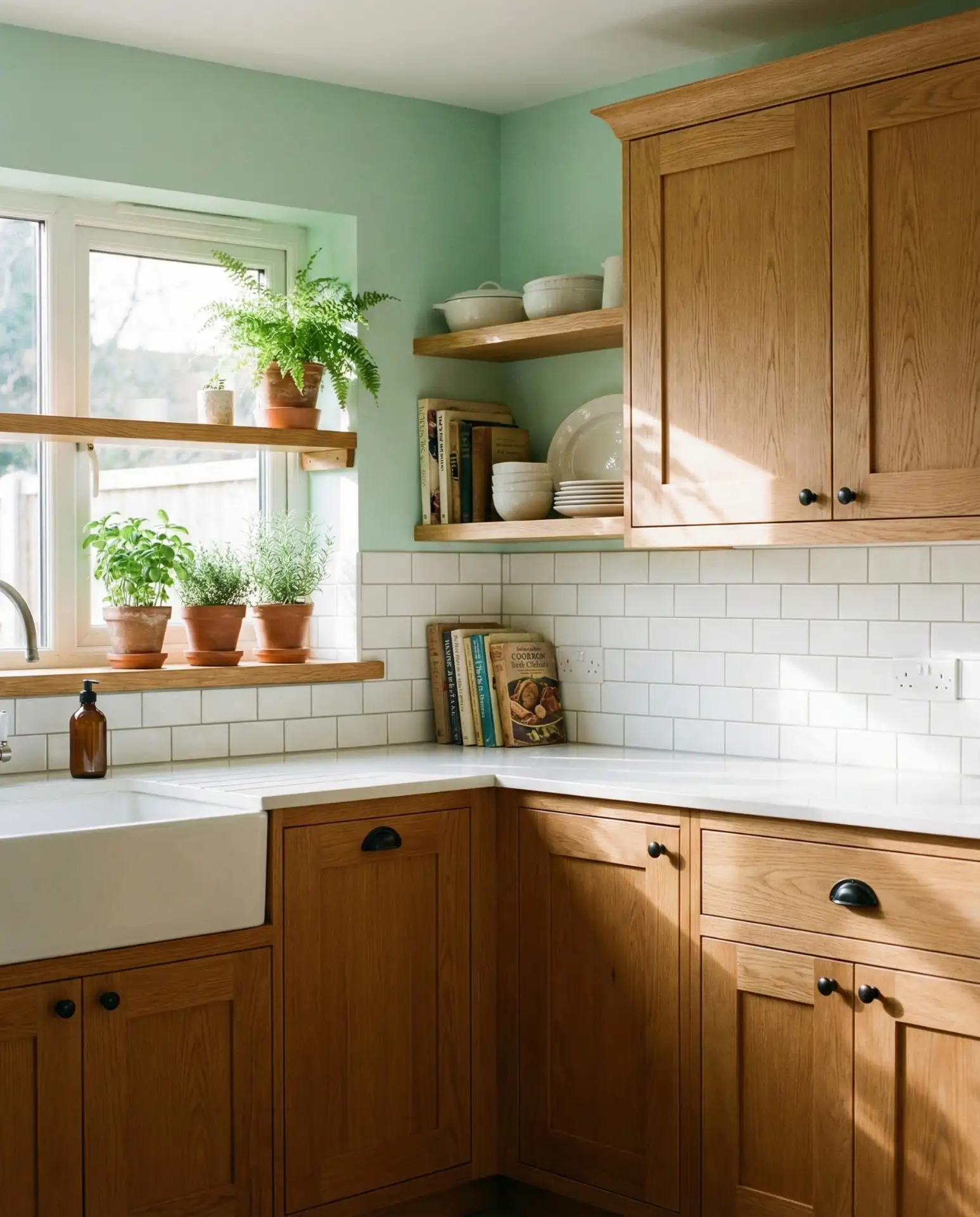 Pale Mint Walls with Oak Cabinets 2
