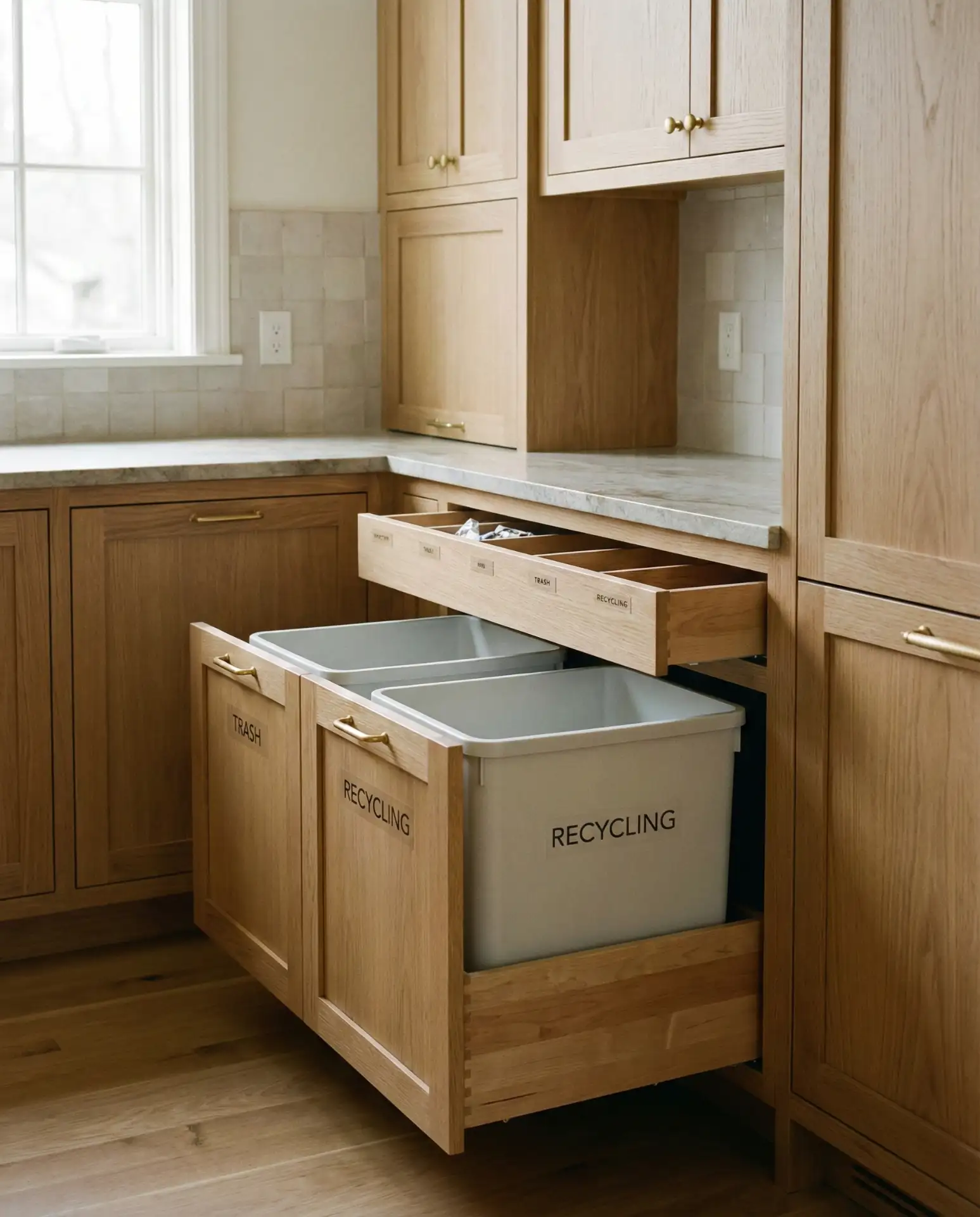 Pantry Cabinet with Integrated Recycling Bins 1