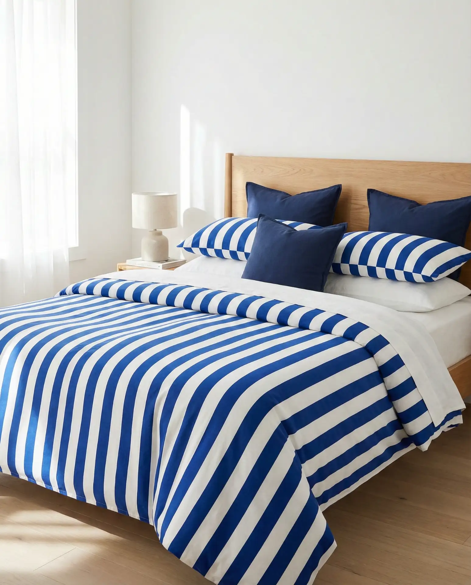 Royal Blue and White Striped Bedding 1