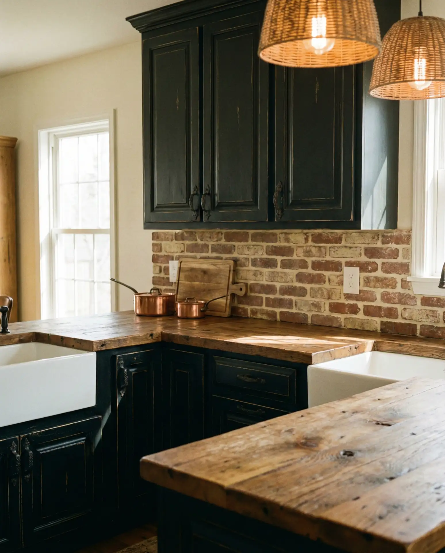 Rustic Black Cabinets with Butcher Block Counters 1