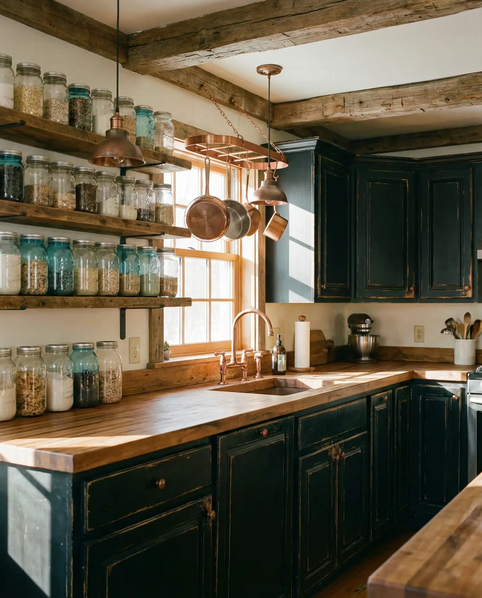 Rustic Black Cabinets with Butcher Block Counters 2