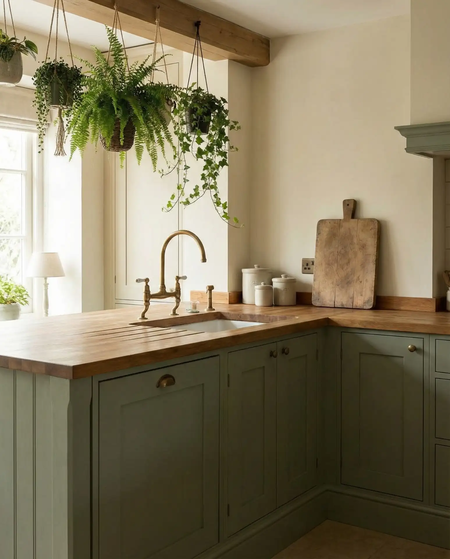 Sage Green Cabinets with Soft Cream Walls 1