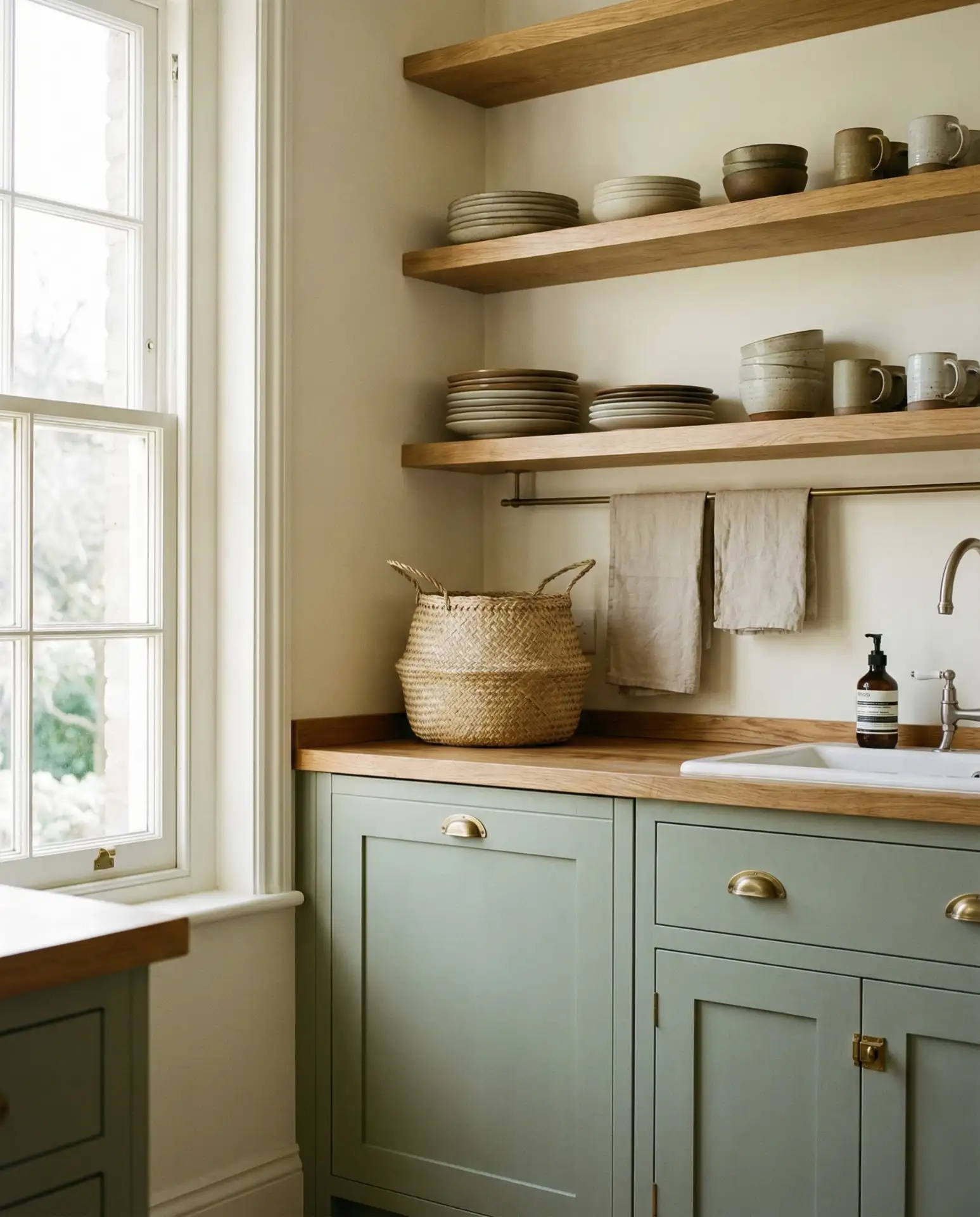 Sage Green Cabinets with Soft Cream Walls 2