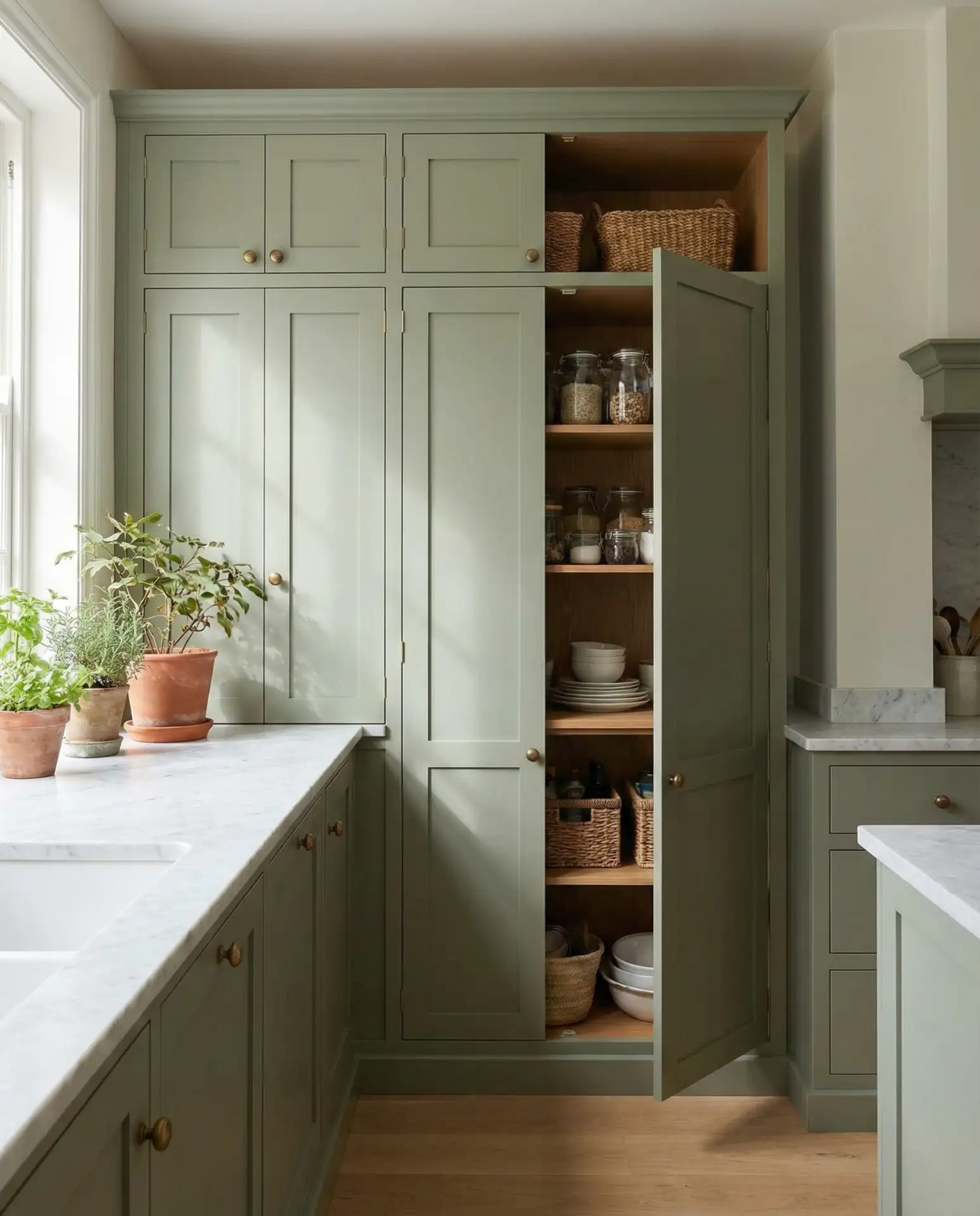 Sage Green Pantry with Brass Hardware 2
