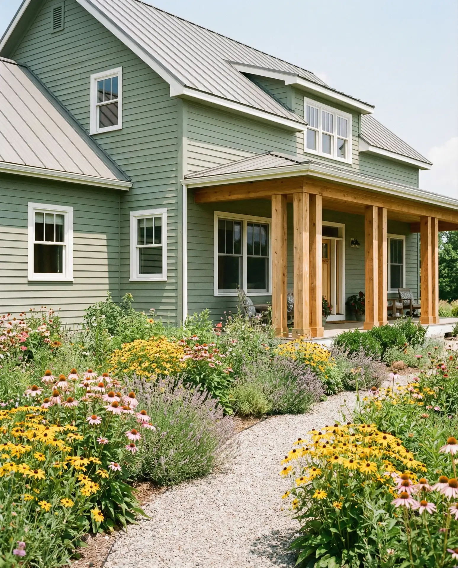 Sage Green Siding with Natural Wood Details 1