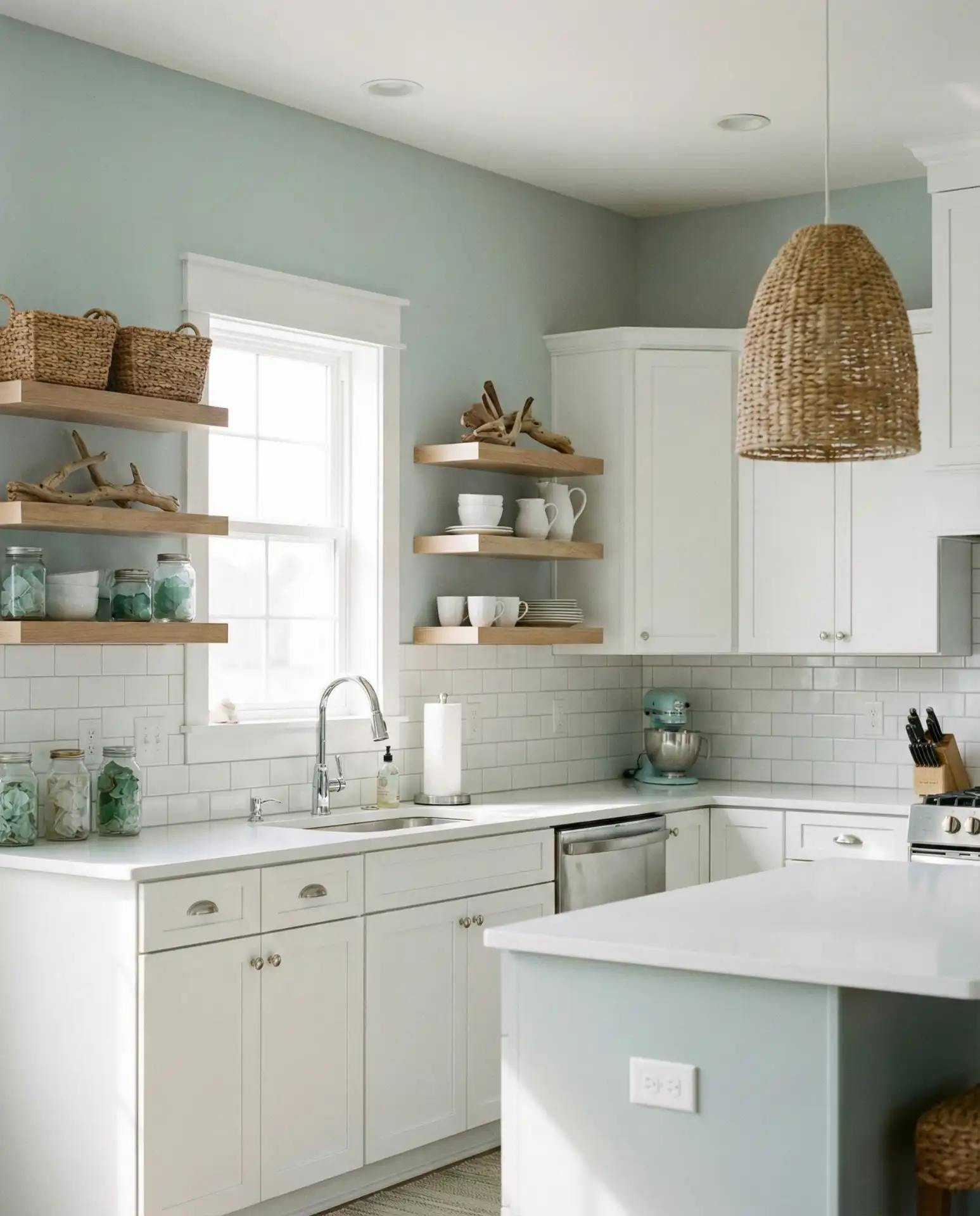 Sherwin Williams Sea Salt in a Coastal Kitchen 2