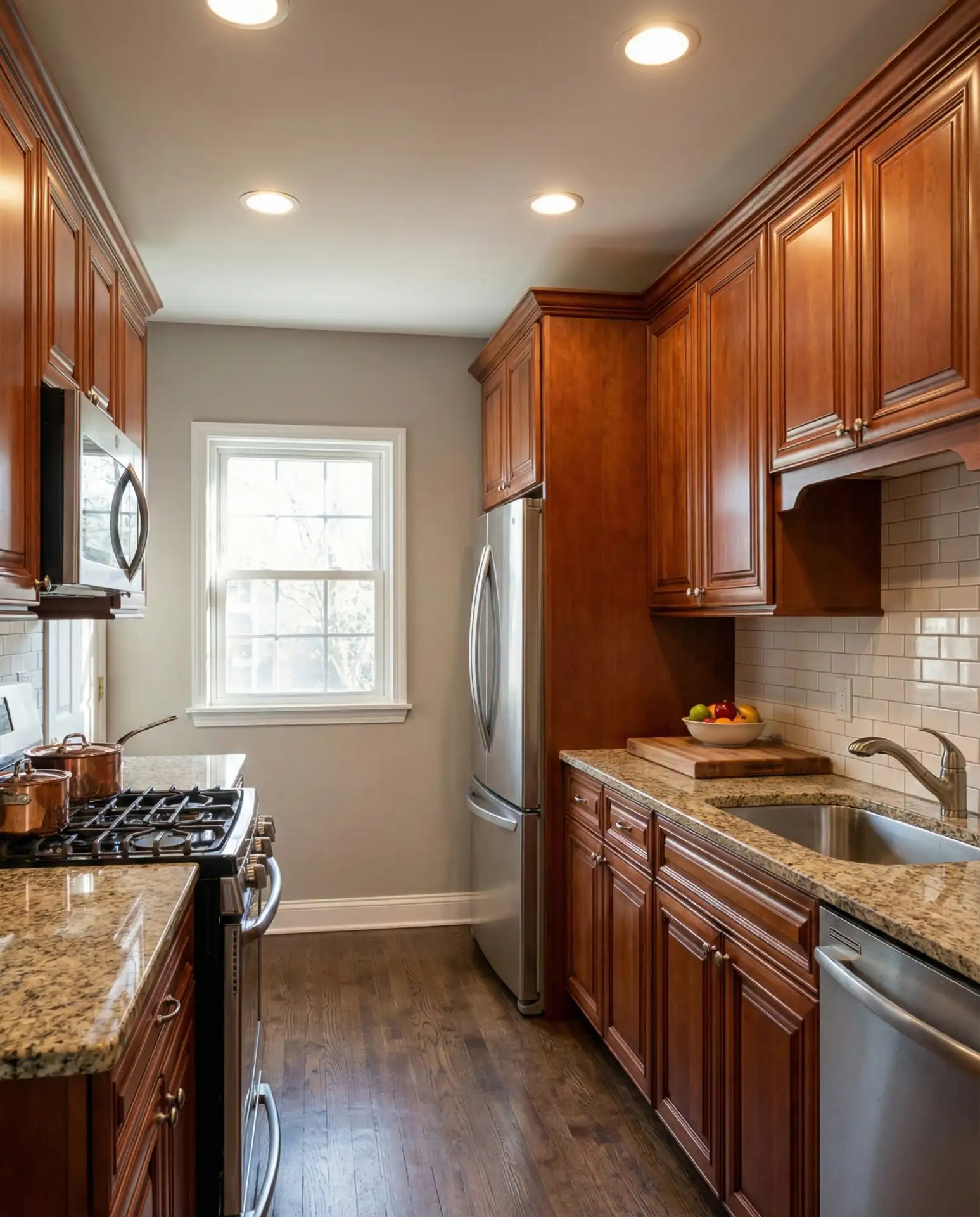 Soft Gray Walls with Cherry Cabinets 1