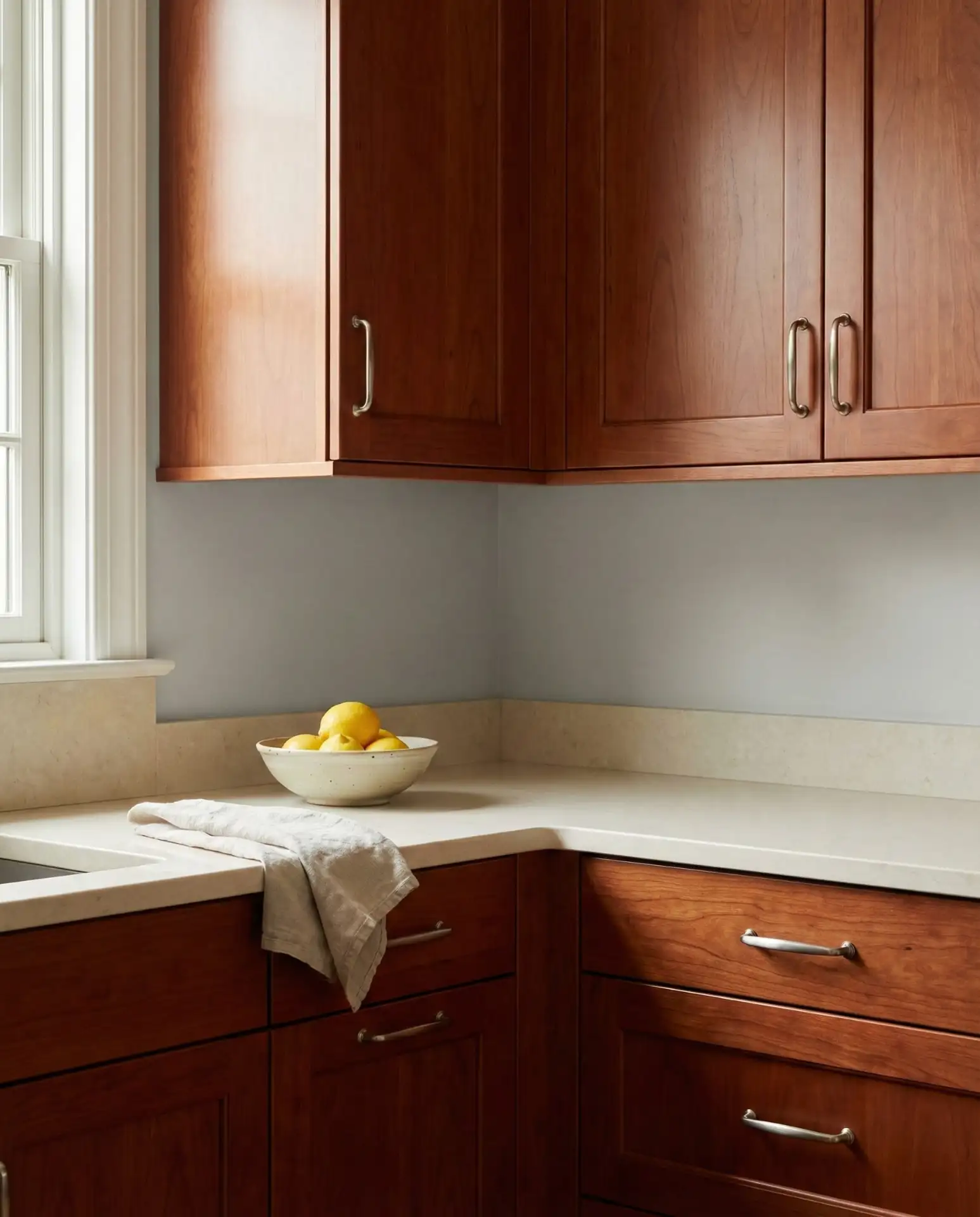 Soft Gray Walls with Cherry Cabinets 2