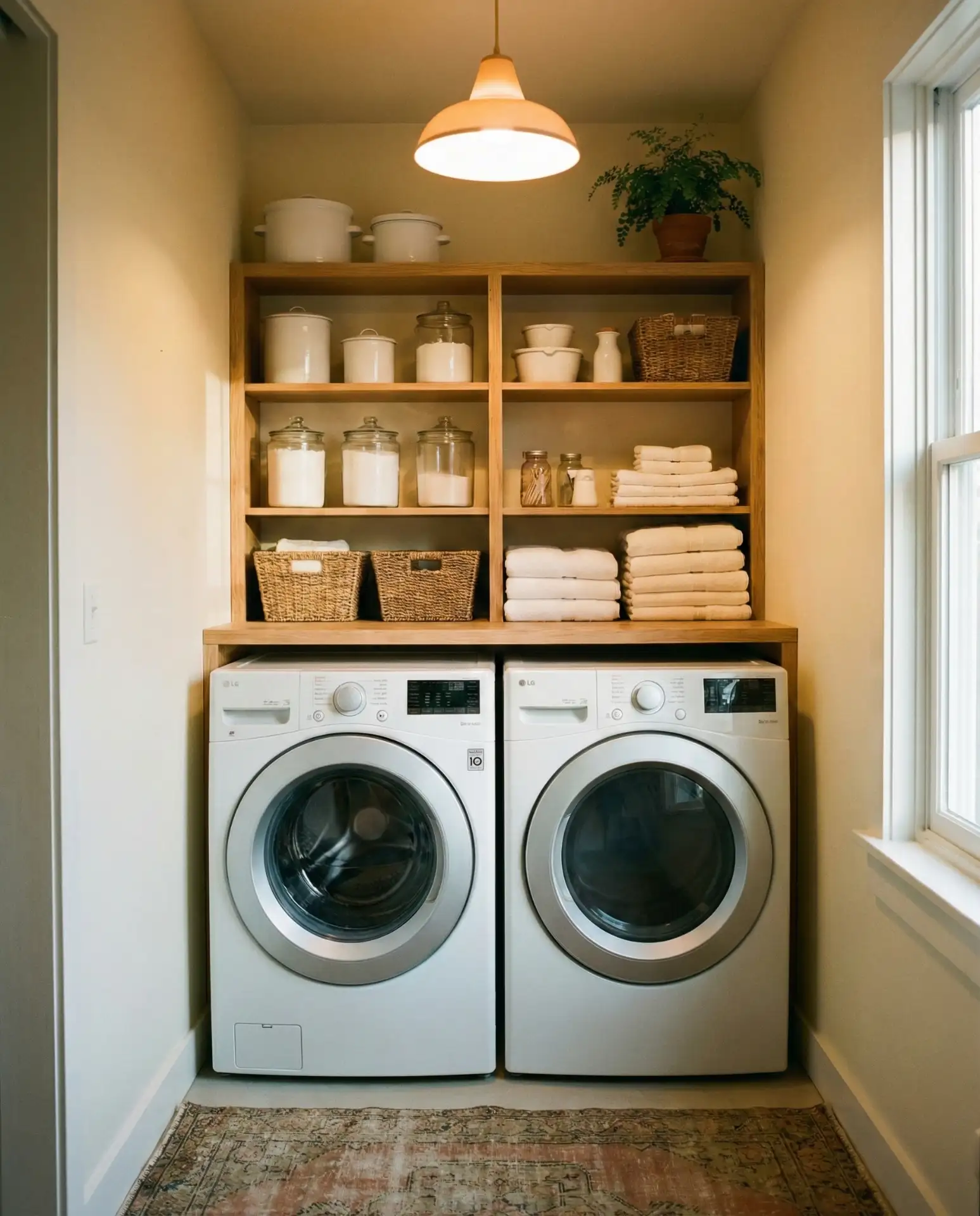 Stacked Washer and Dryer with Open Shelving 1