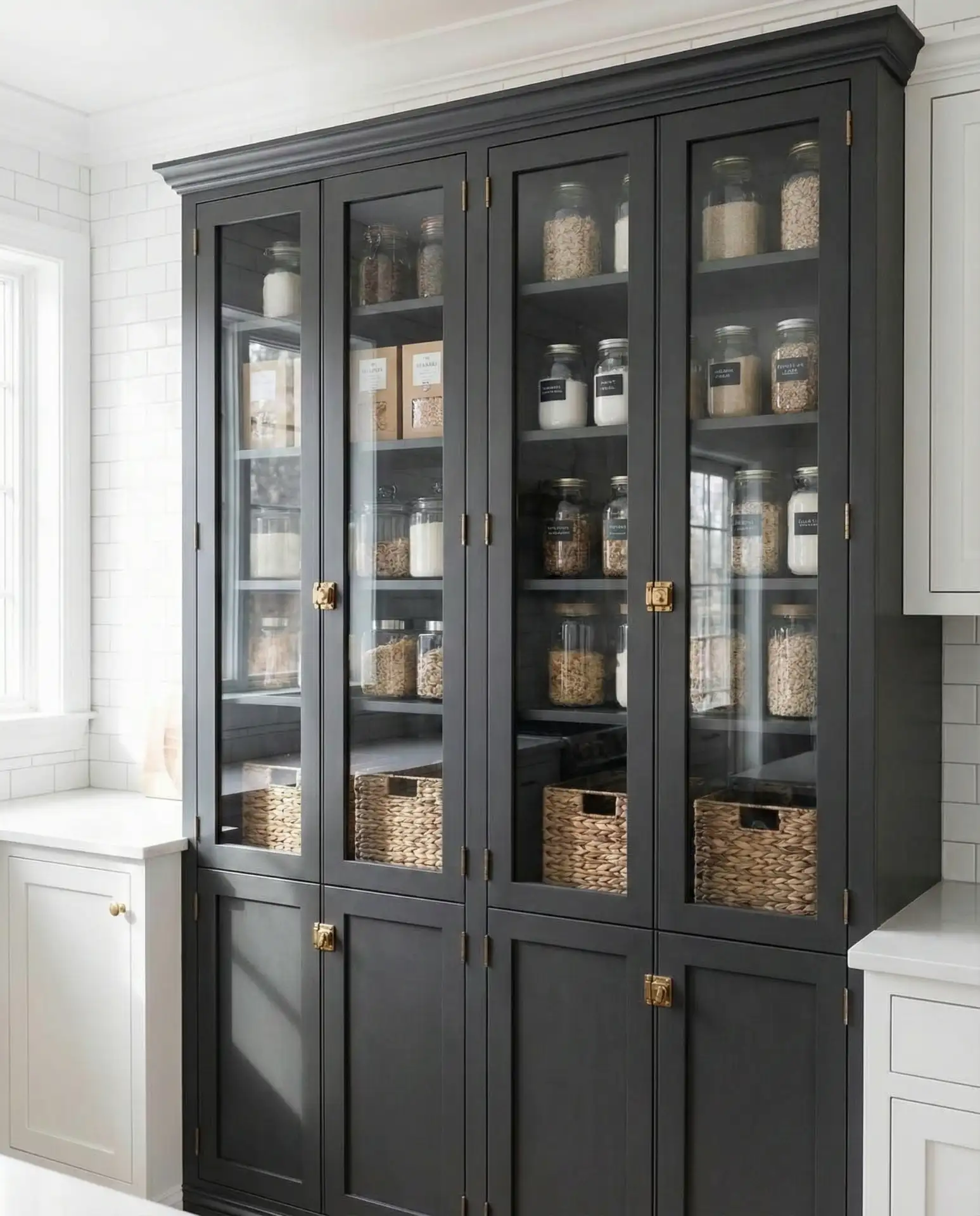 Tall Charcoal Gray Pantry with Glass Doors 1