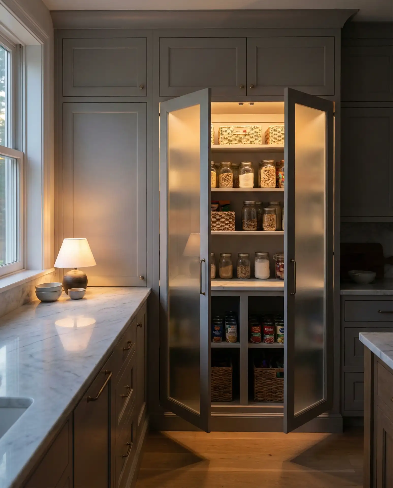 Tall Charcoal Gray Pantry with Glass Doors 2