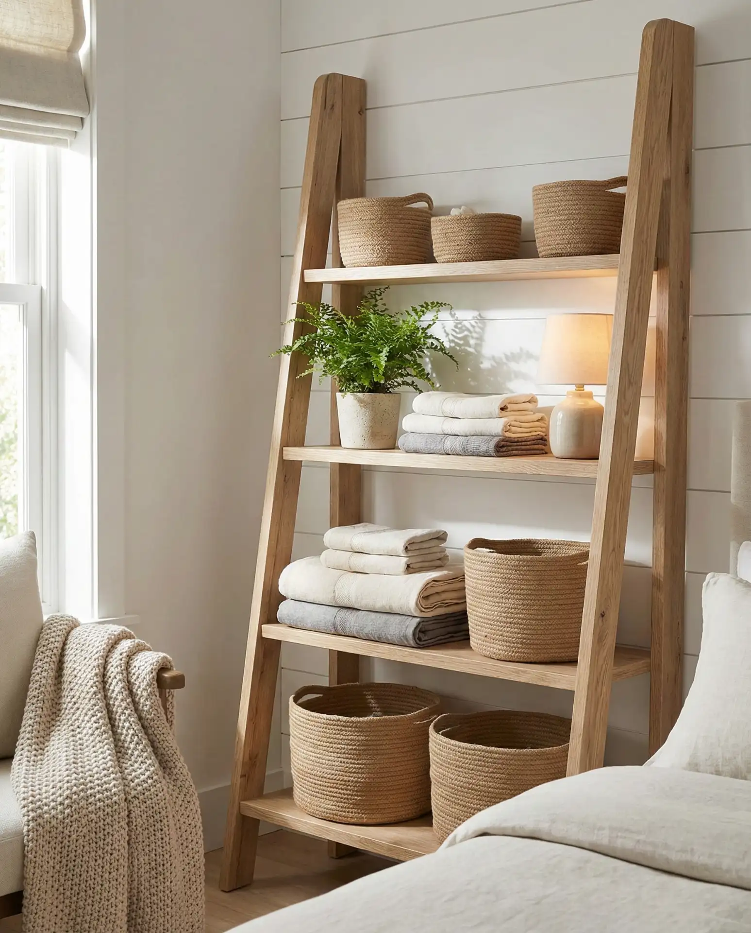 Unique Ladder Shelf for Towel and Plant Display 2