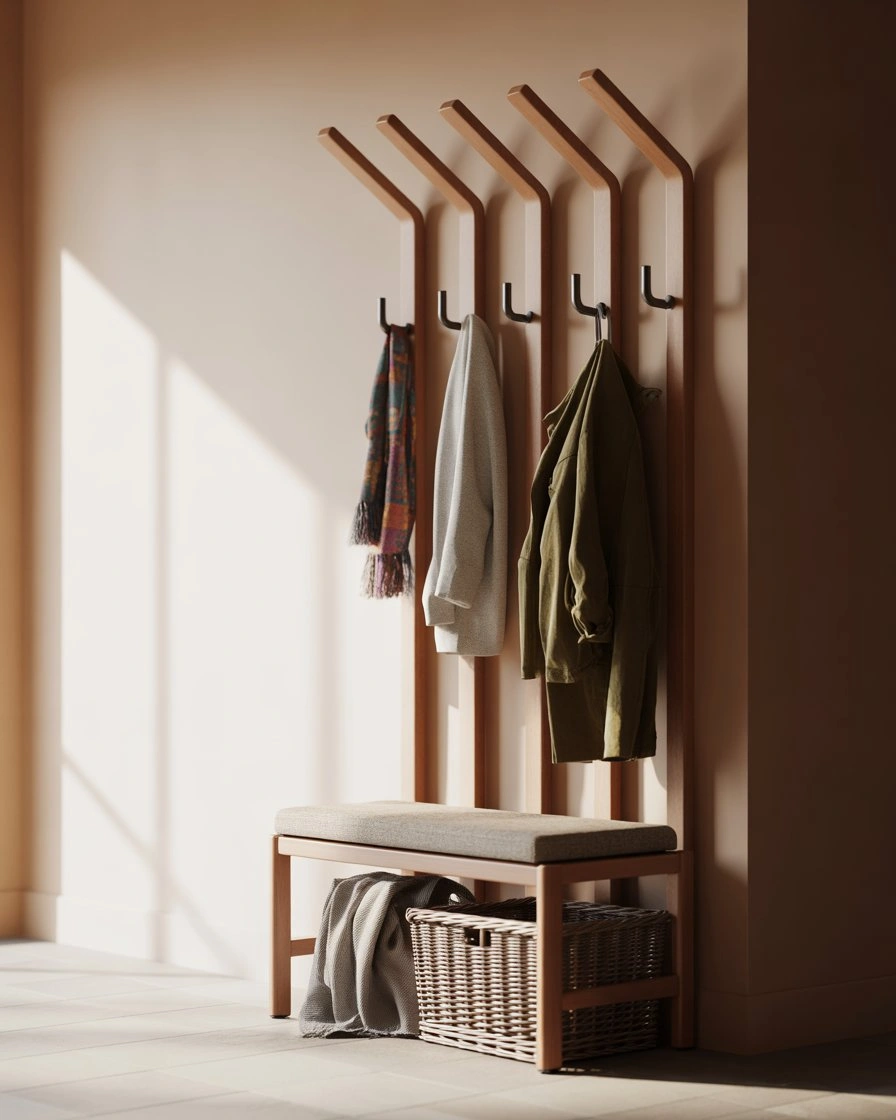 Vertical Coat Rack with Integrated Bench 1