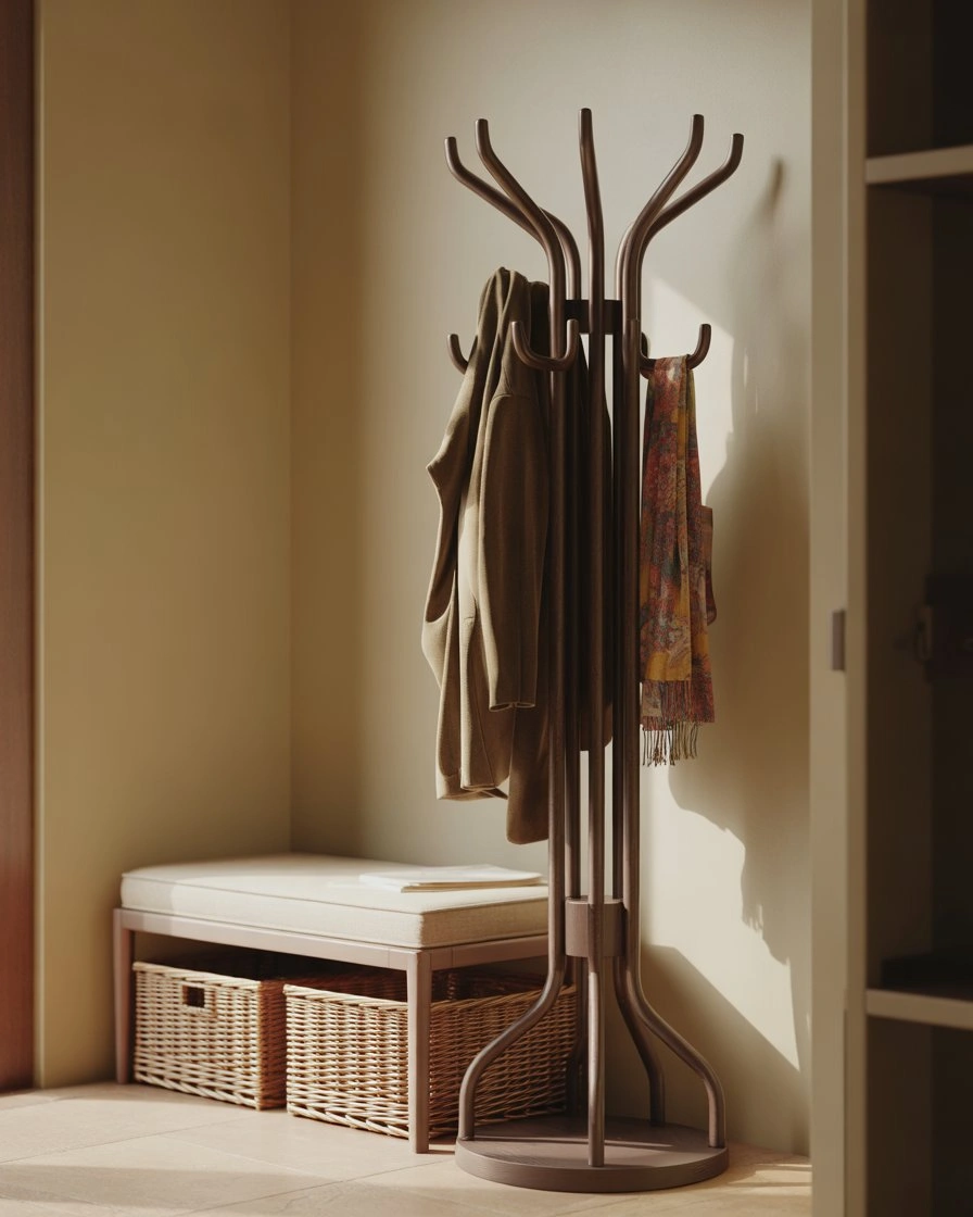 Vertical Coat Rack with Integrated Bench 2