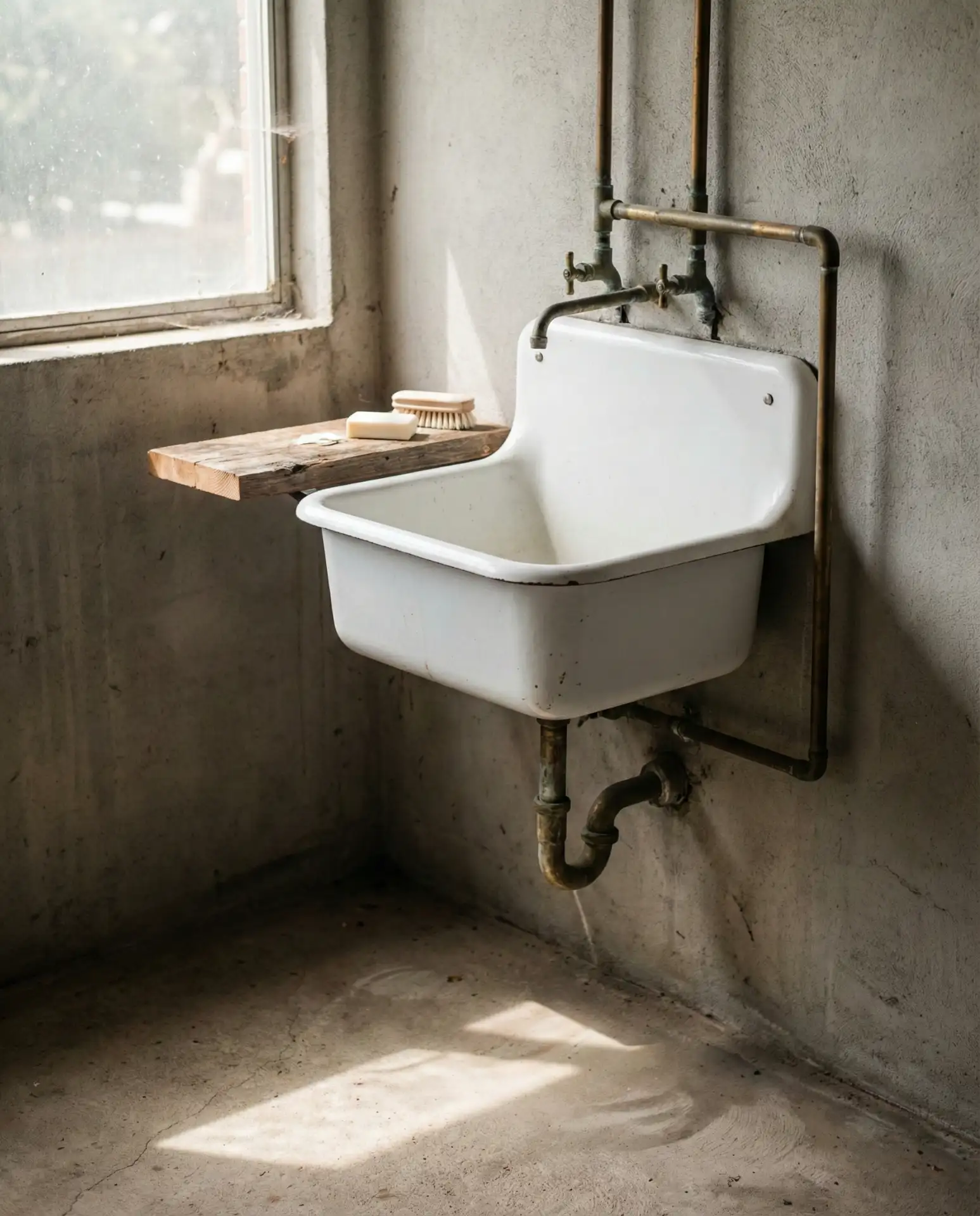 Vintage Enamel Sink with Exposed Plumbing 1
