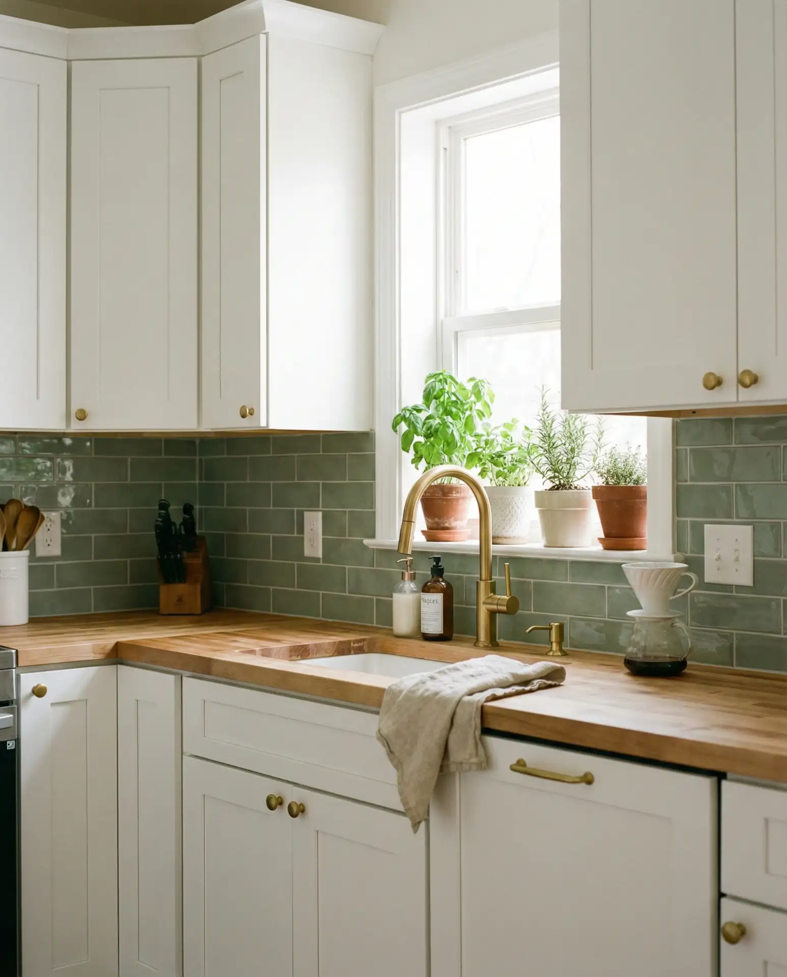 White Cabinets with Dark Wood Island 1