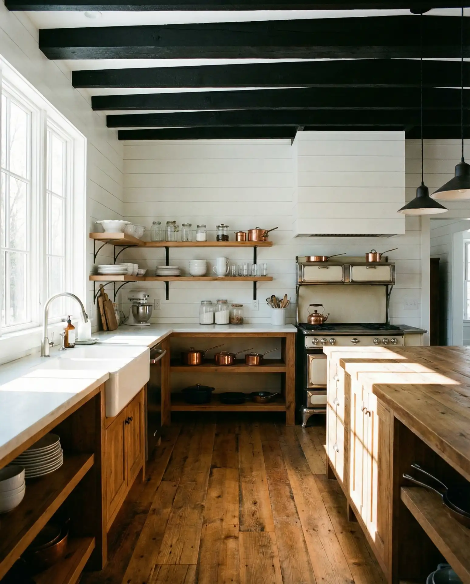 White Kitchen with Black Exposed Beams 2