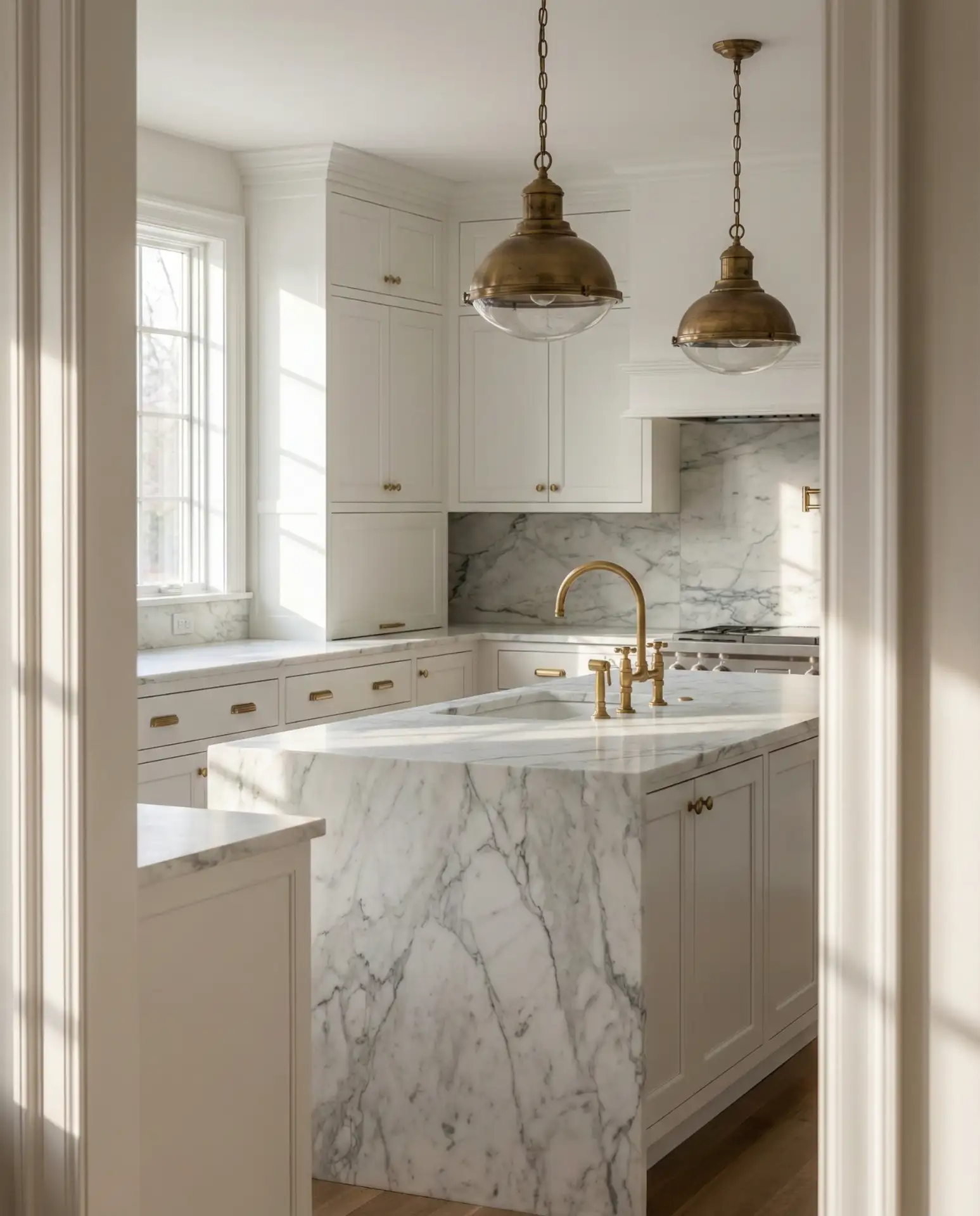 White Kitchen with Blue and Brass Accents 1