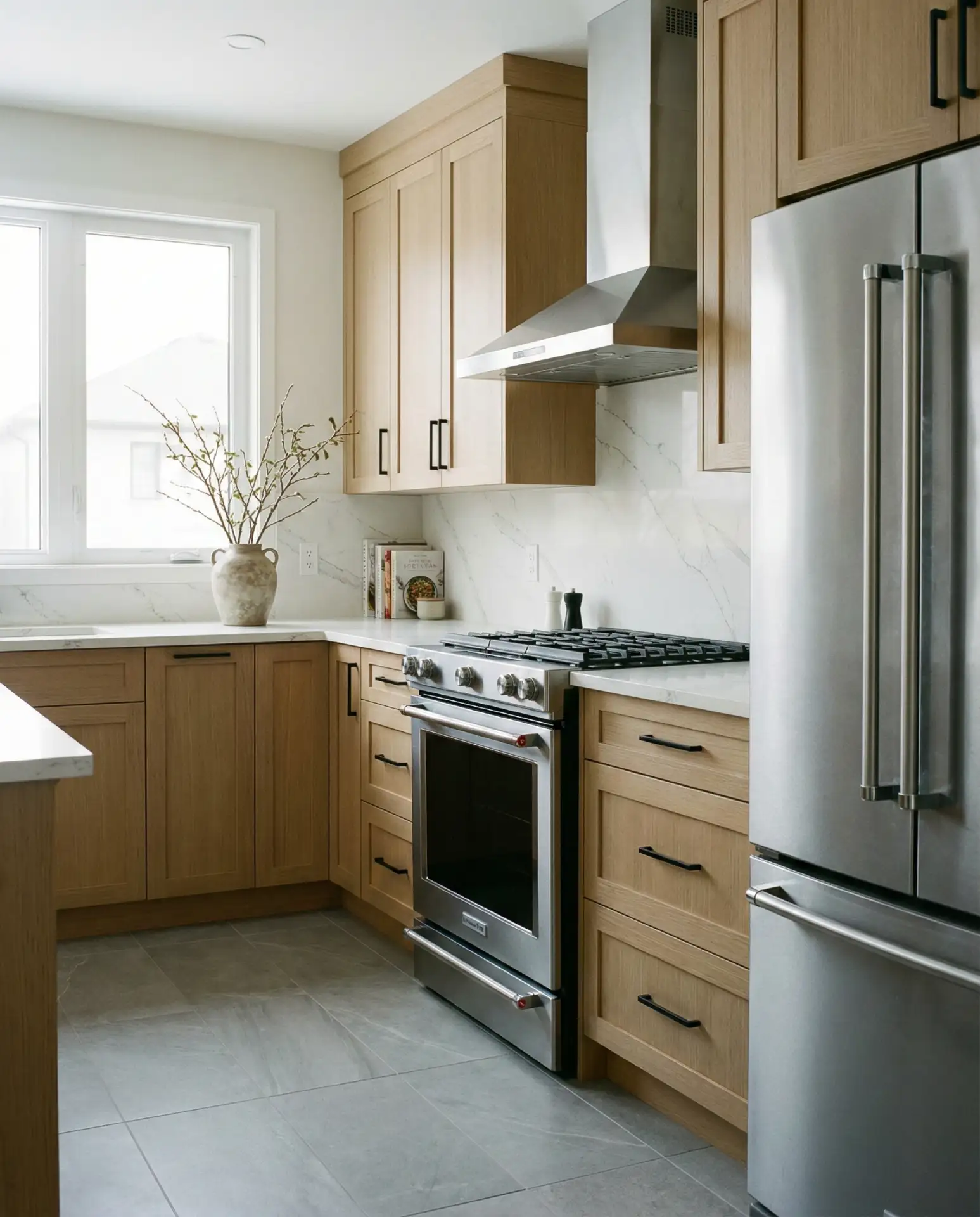 White Oak Cabinets and Grey Floors 1