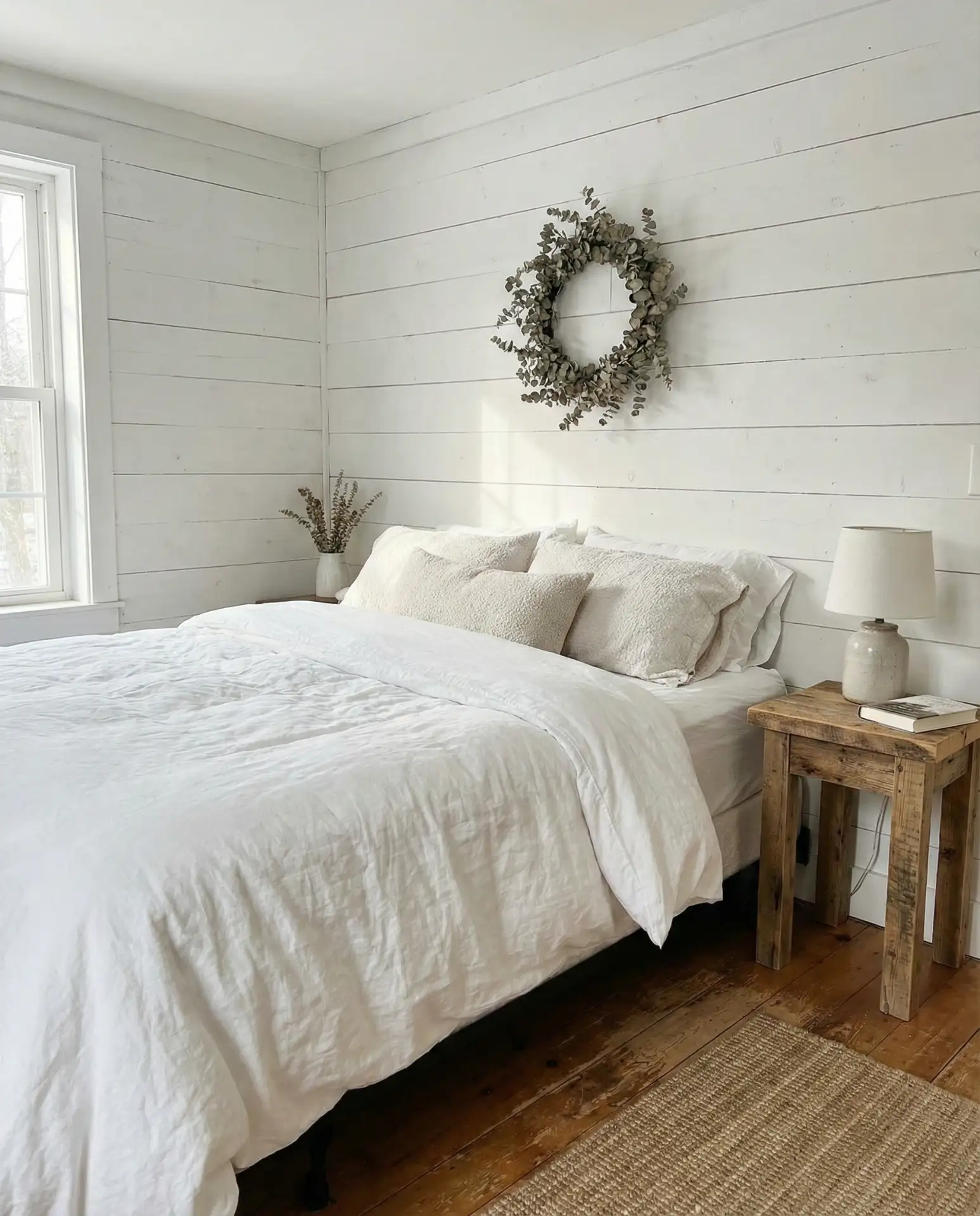White Rustic Bedroom with Shiplap Walls 1