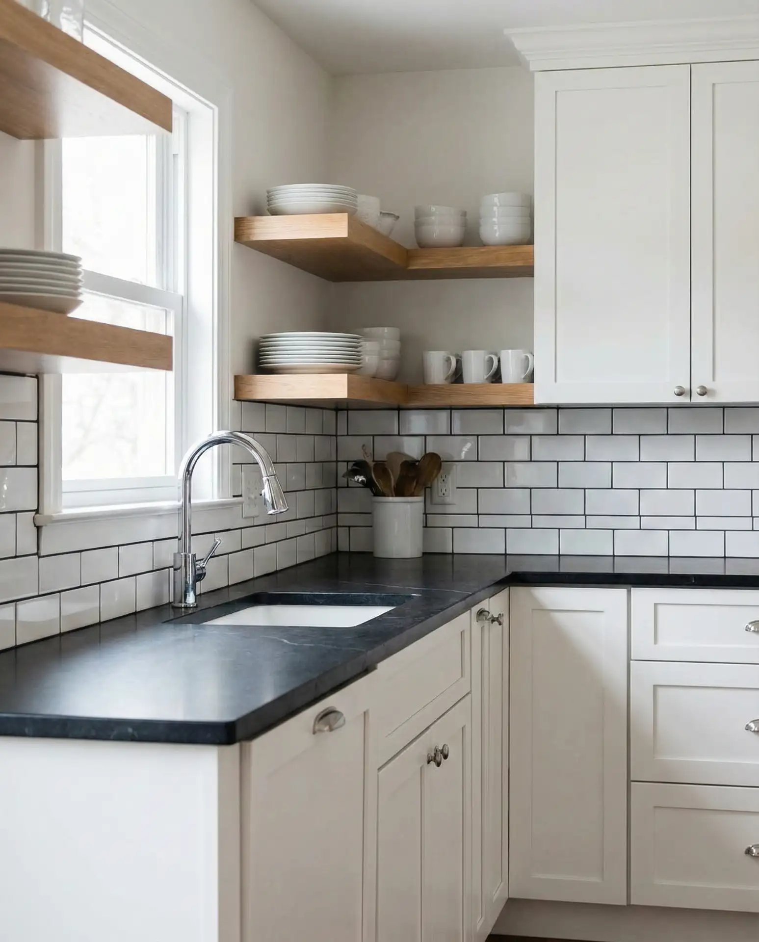White Subway Tile Backsplash with Black Grout 2