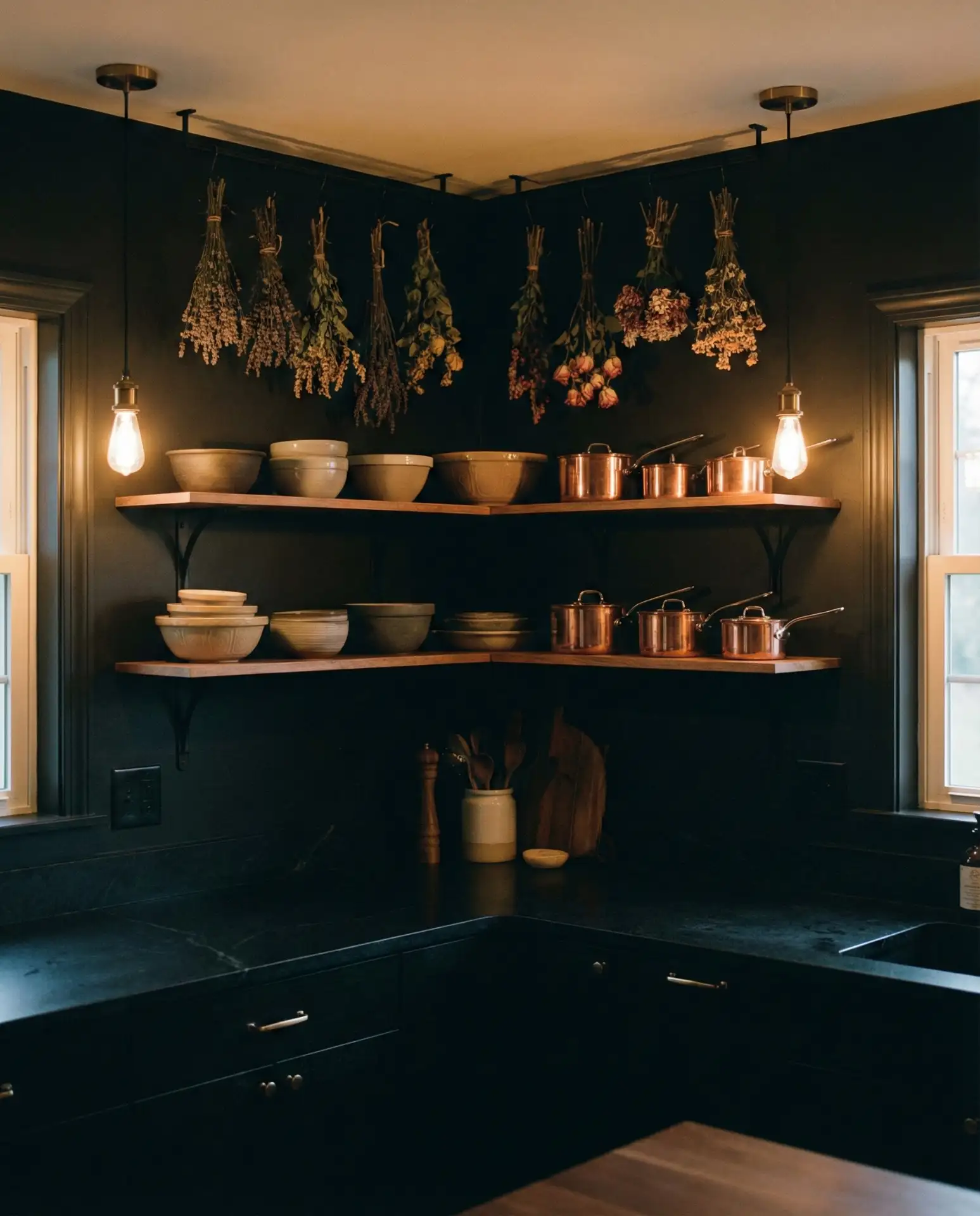 Witchy Black Walls with Open Shelving 1