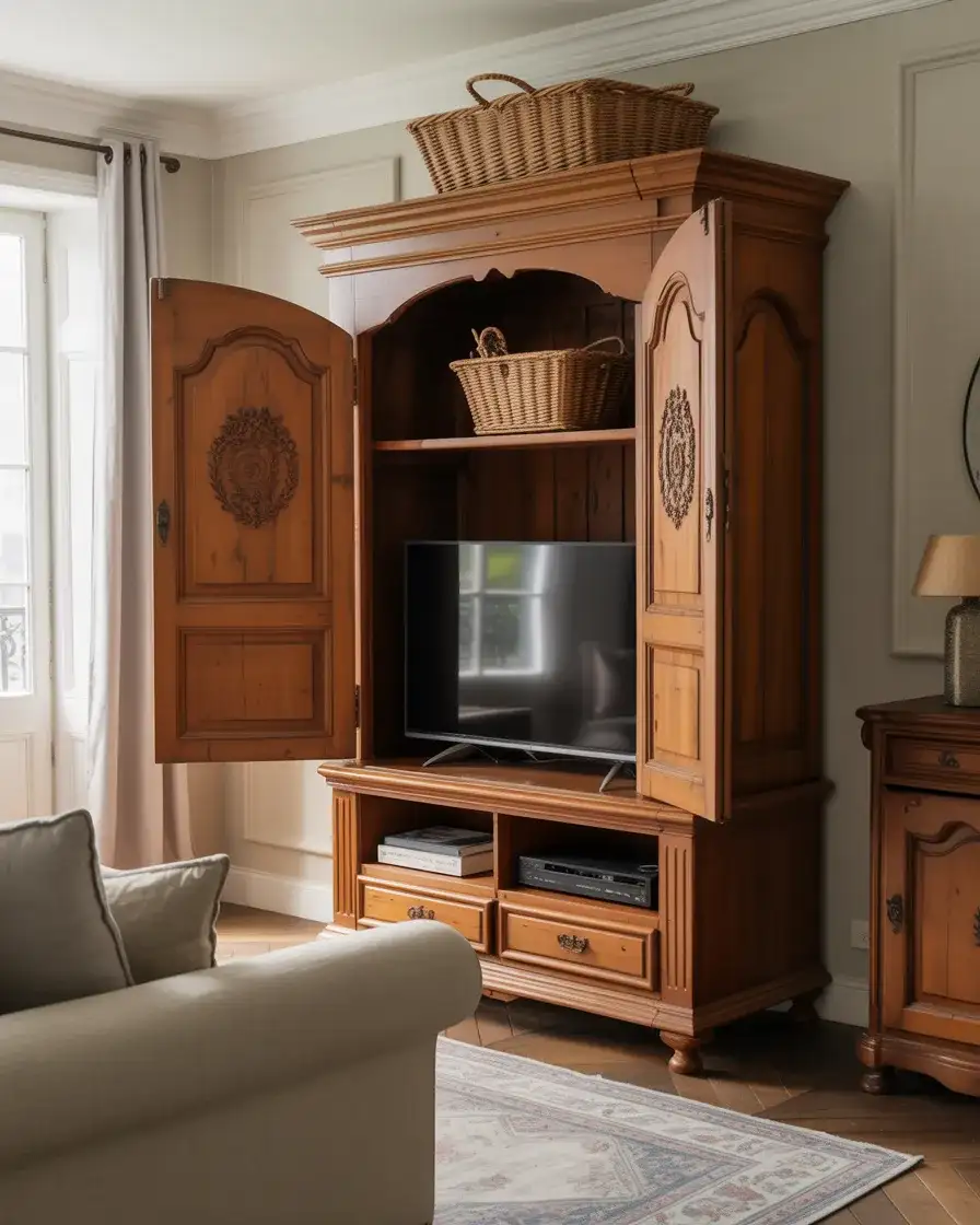 Antique Armoire as Media Cabinet 1