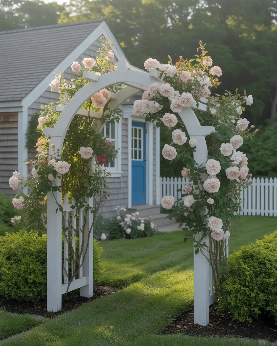 Arbor Over Garage Door in White Painted Wood 2