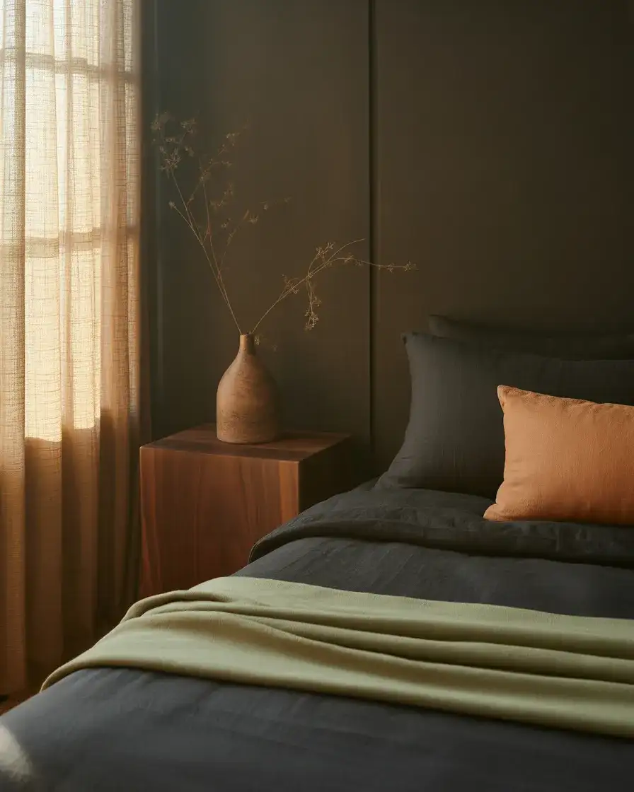 Black Bedroom with Burnt Orange and Sage Green Earth Palette 1