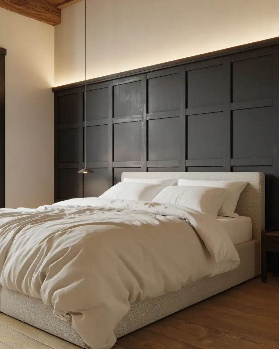 Black Bedroom with Wood Panel Accent Wall 1