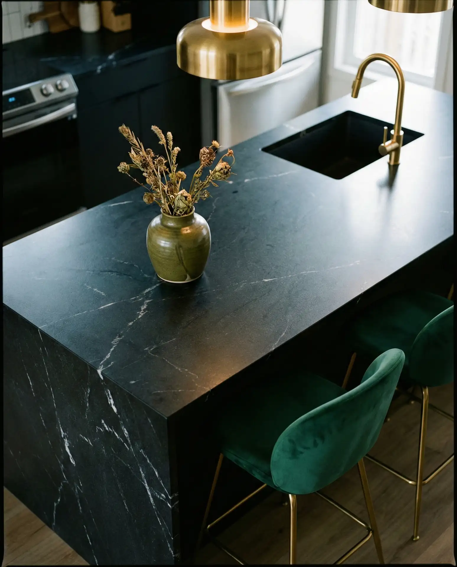 Black Countertop Kitchen with Color Palette Accents 1