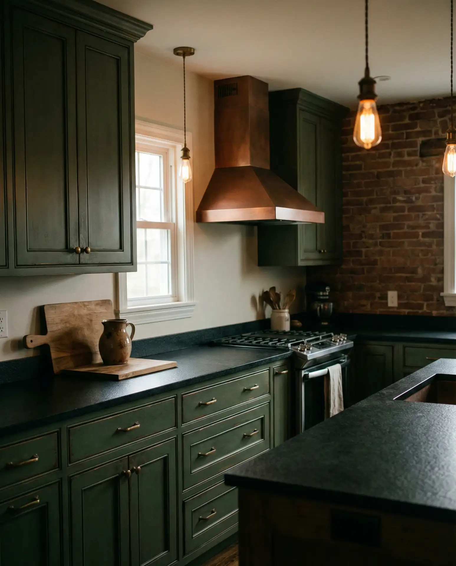 Black Countertop Kitchen with Vintage Green Cabinets 1