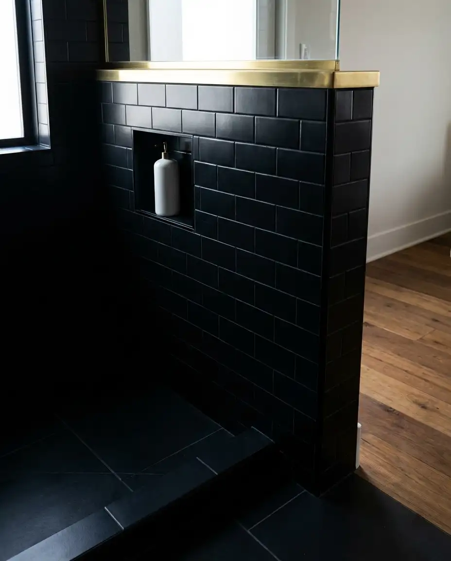 Black Tile Half-Wall Master Bath Shower 1
