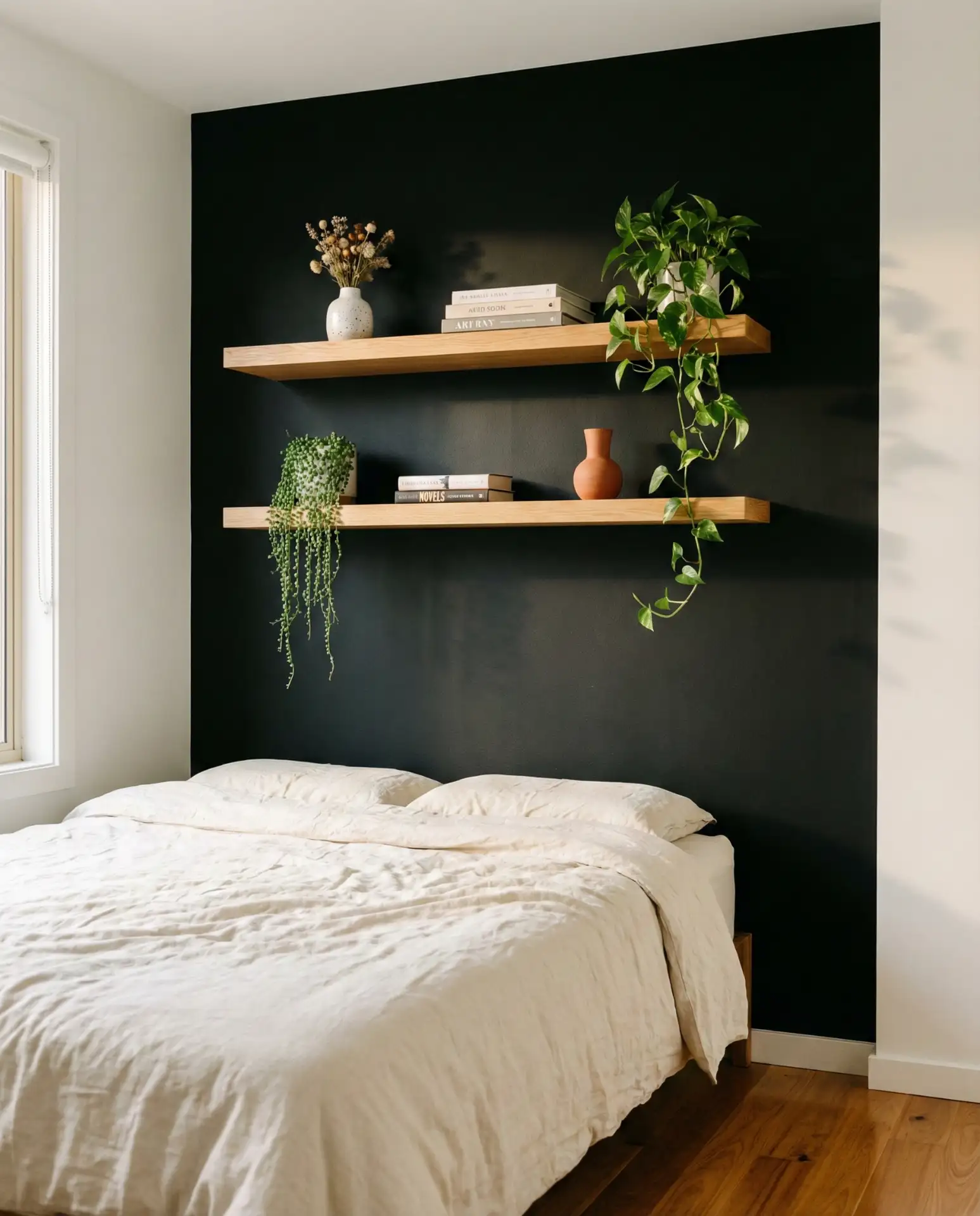 Black Wall Bedroom with Floating Shelves 2