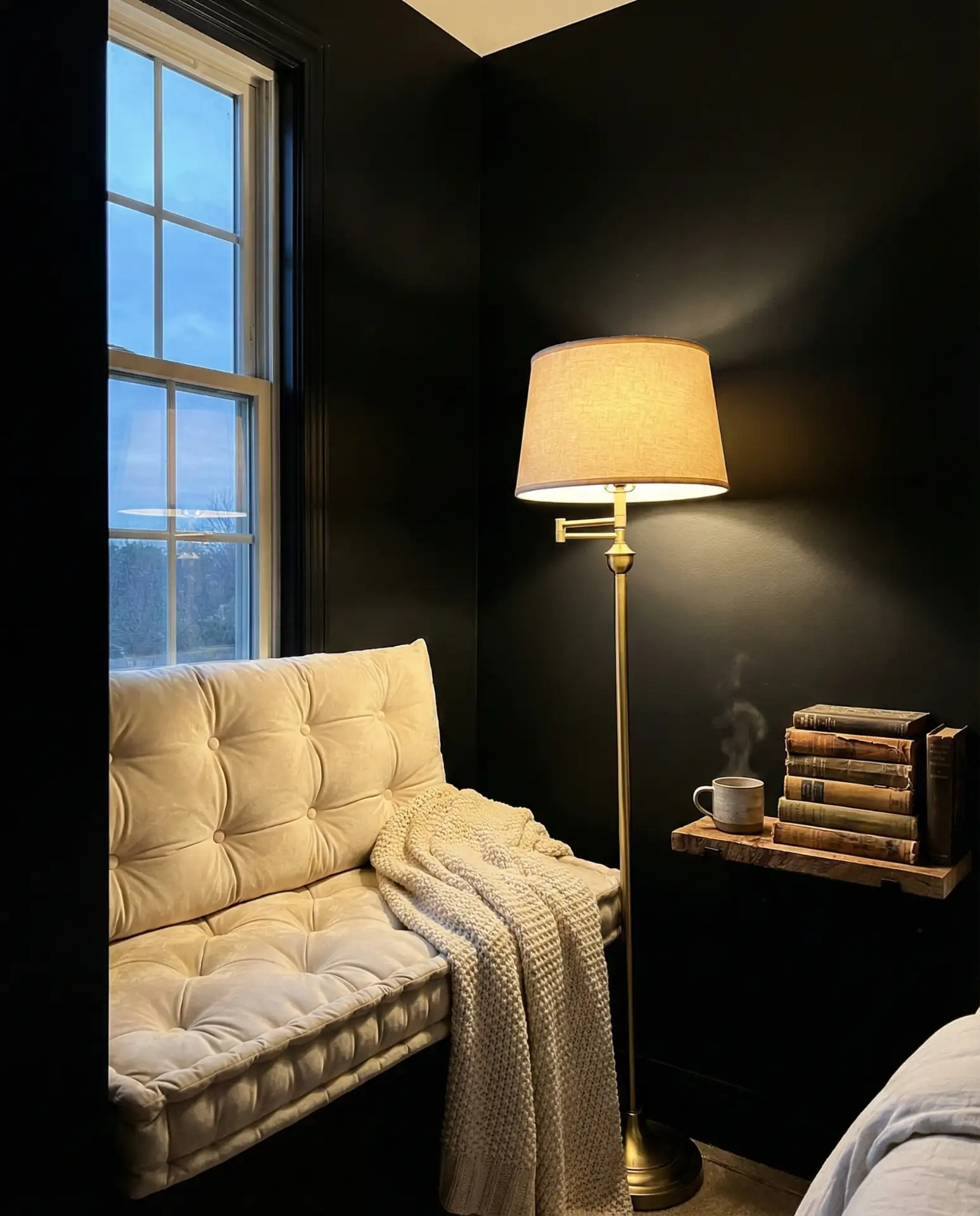 Black Wall Bedroom with a Reading Nook 1