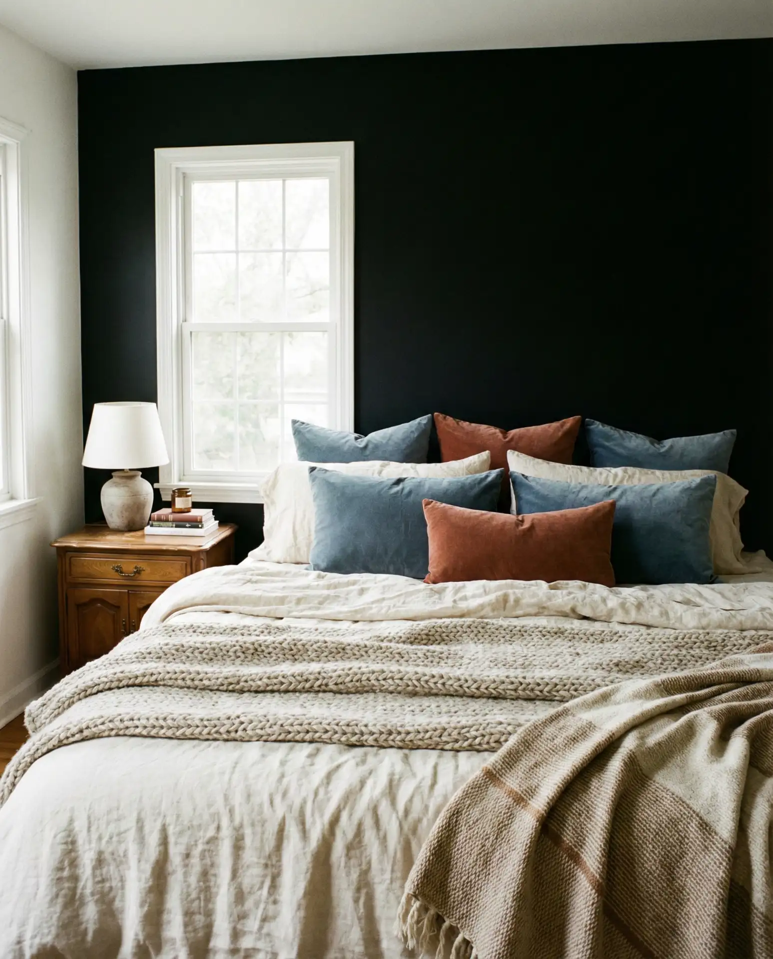 Black Wall with Layered Textiles and Decor 1