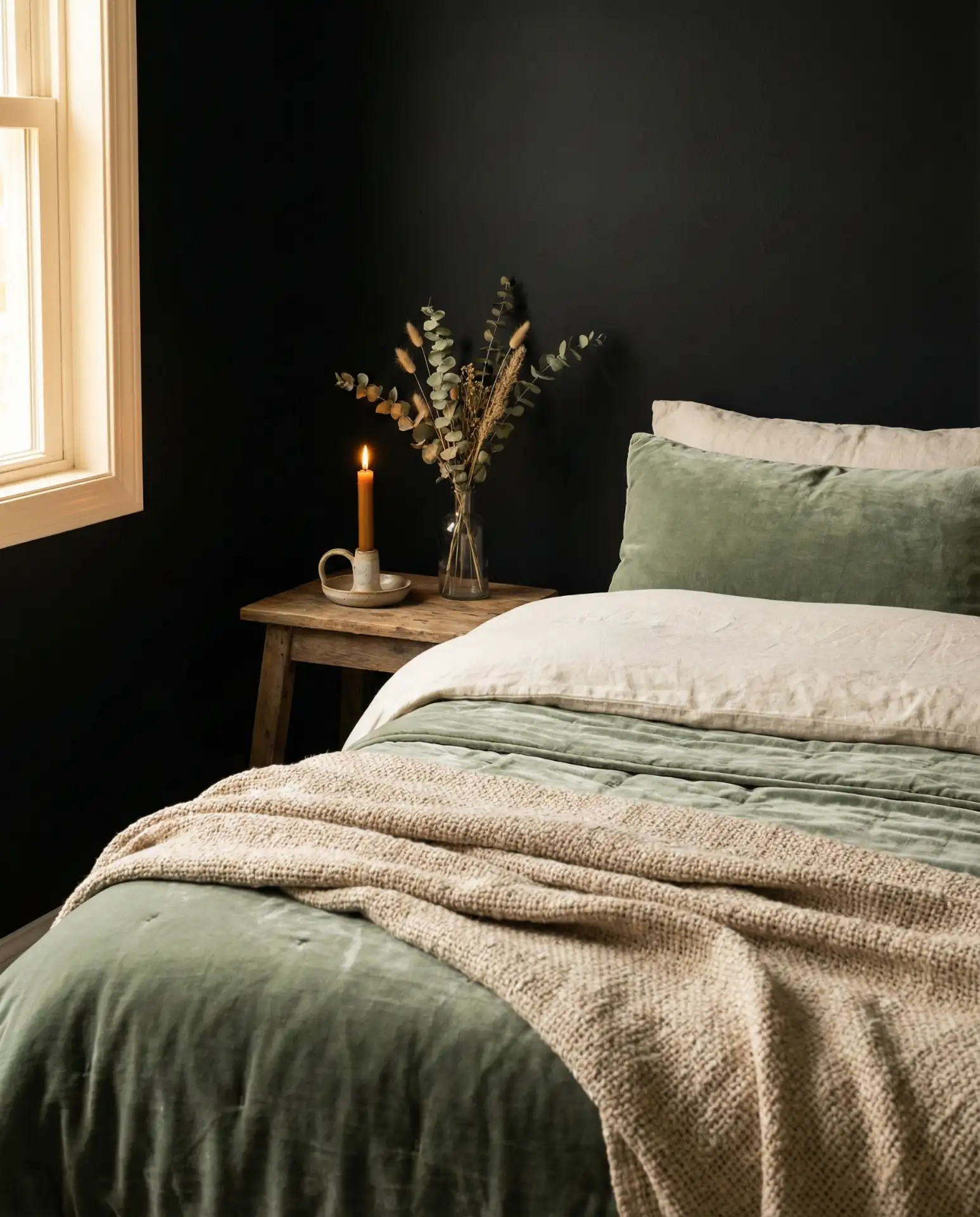 Black Wall with Layered Textiles and Decor 2