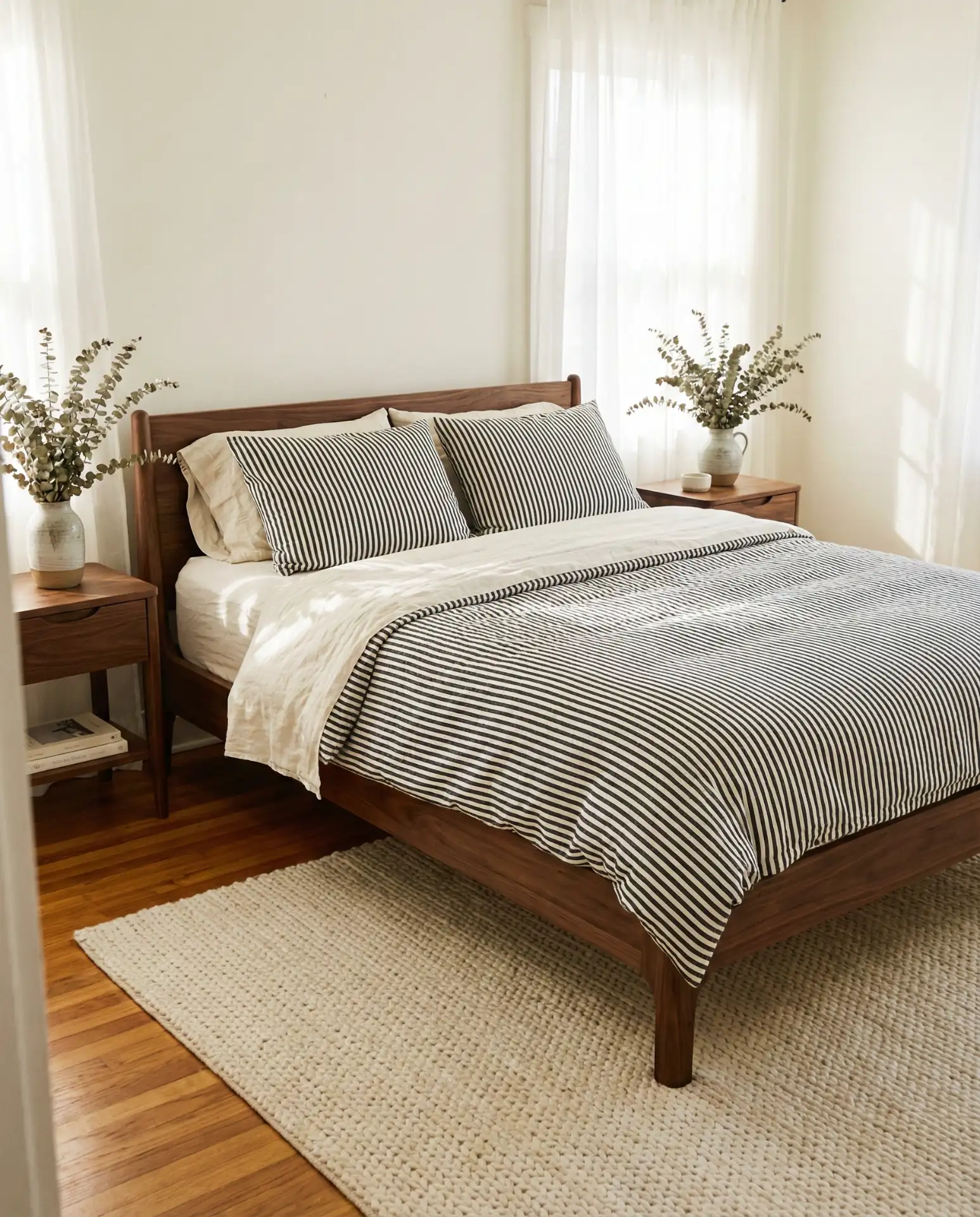 Black and White Bedding with Warm Wood Accents 2