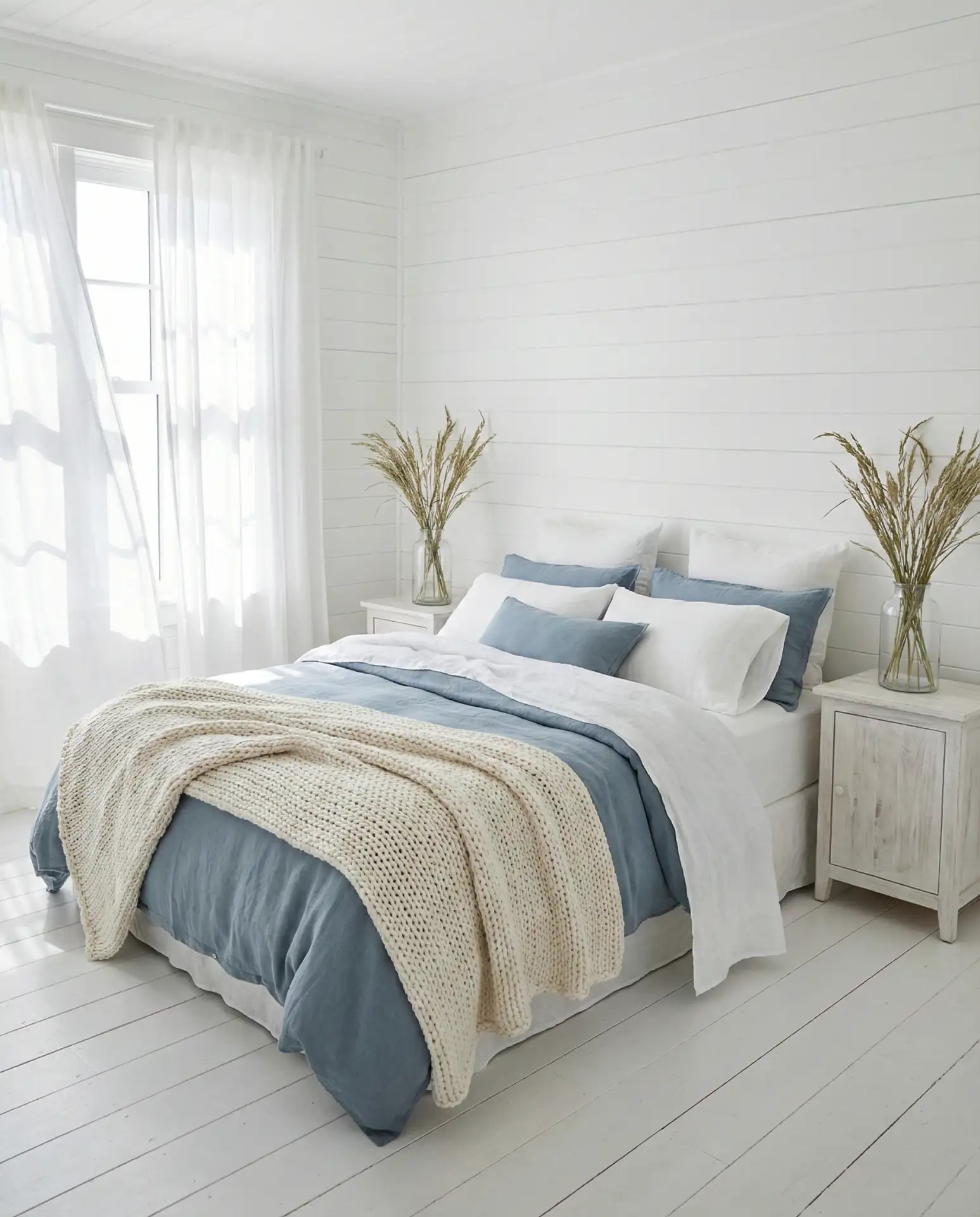 Blue and White Coastal Bedroom with Cozy Textures 1