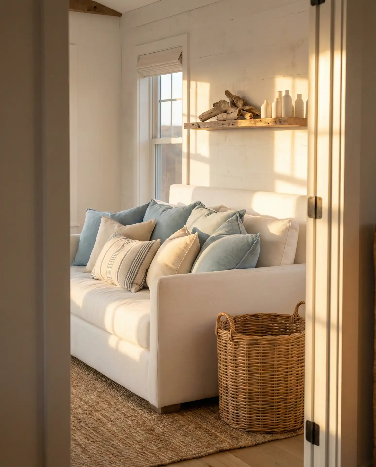 Blue and White Coastal Bedroom with Cozy Textures 2