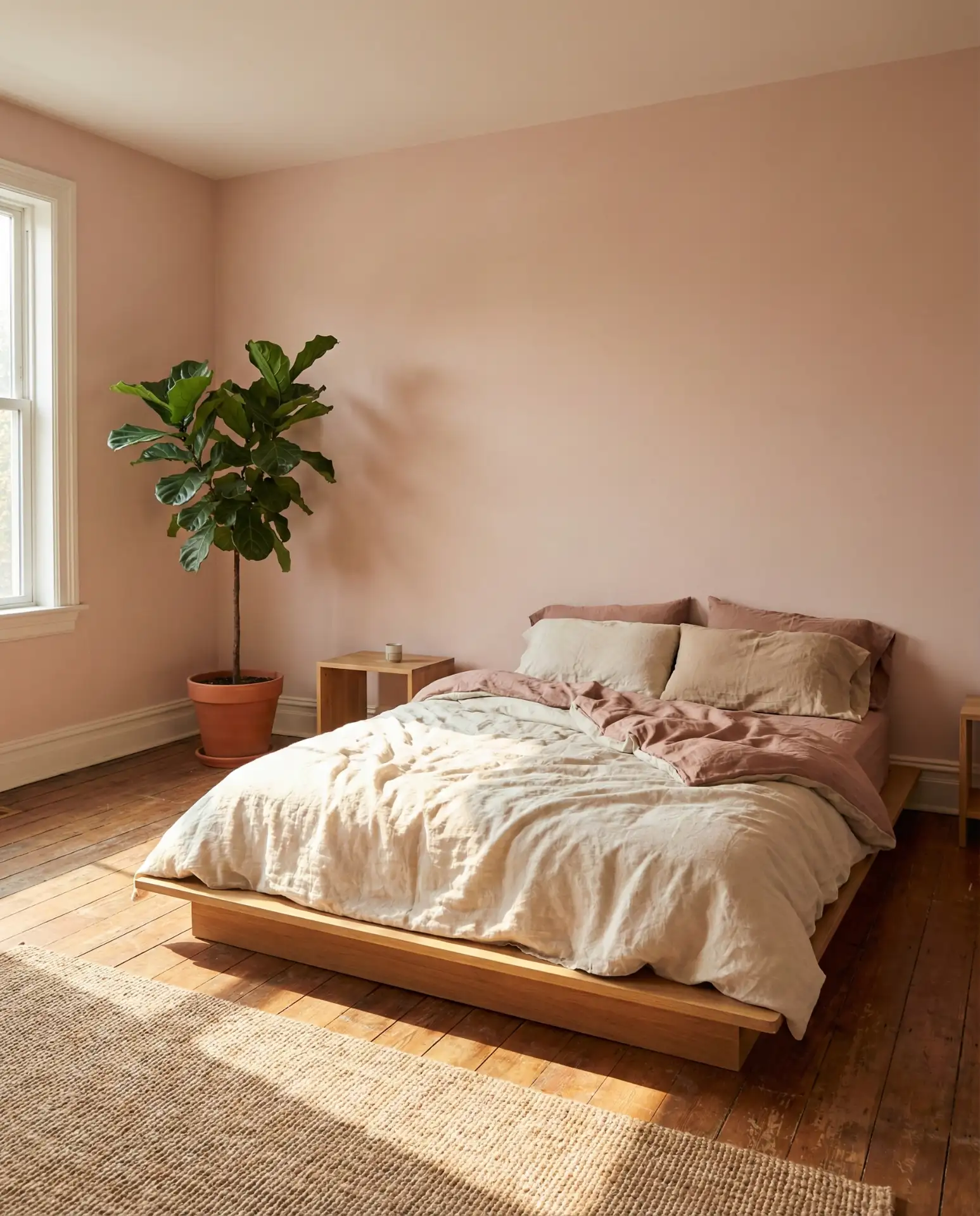 Blush Pink Walls with Natural Linen Bedding 1