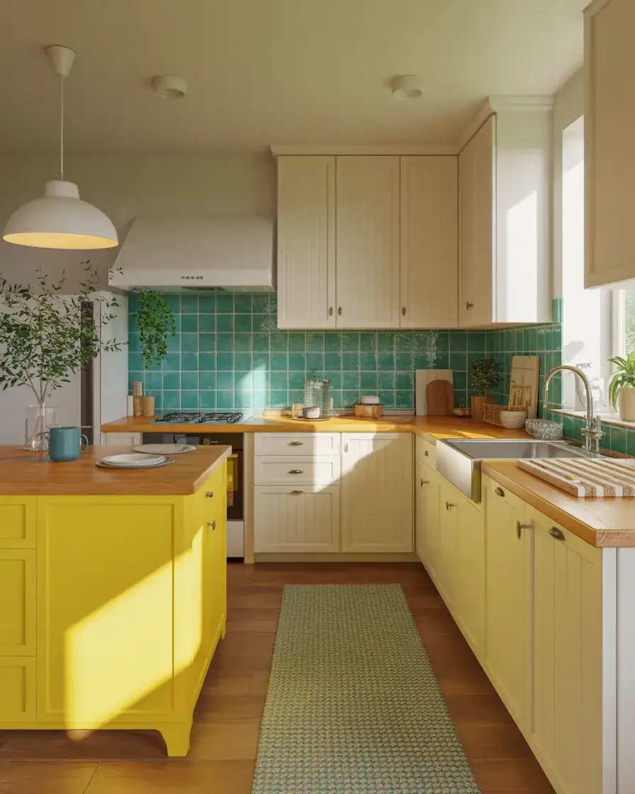 Bright Yellow Kitchen Island With Teal Accents 1