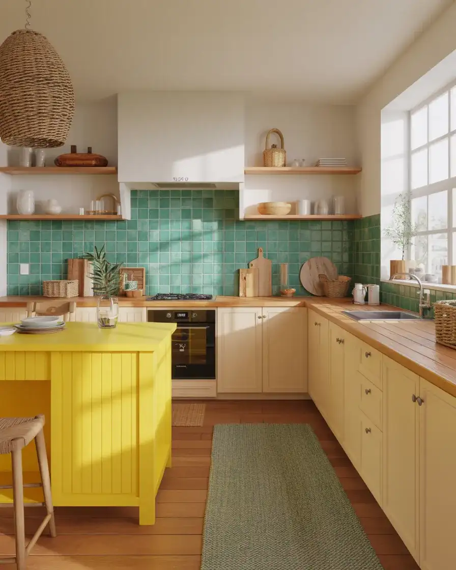 Bright Yellow Kitchen Island With Teal Accents 2