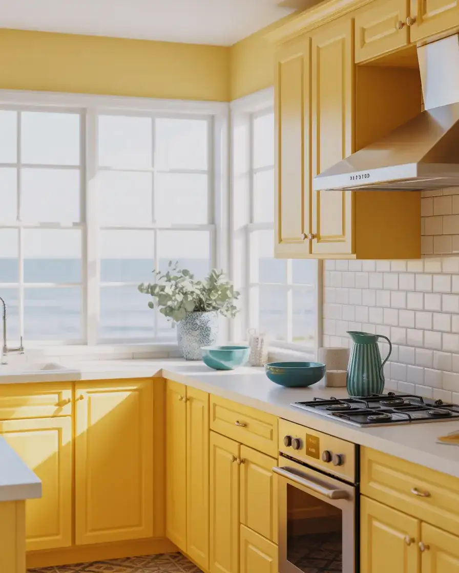 Bright Yellow Kitchen With White and Teal Coastal Accents 1
