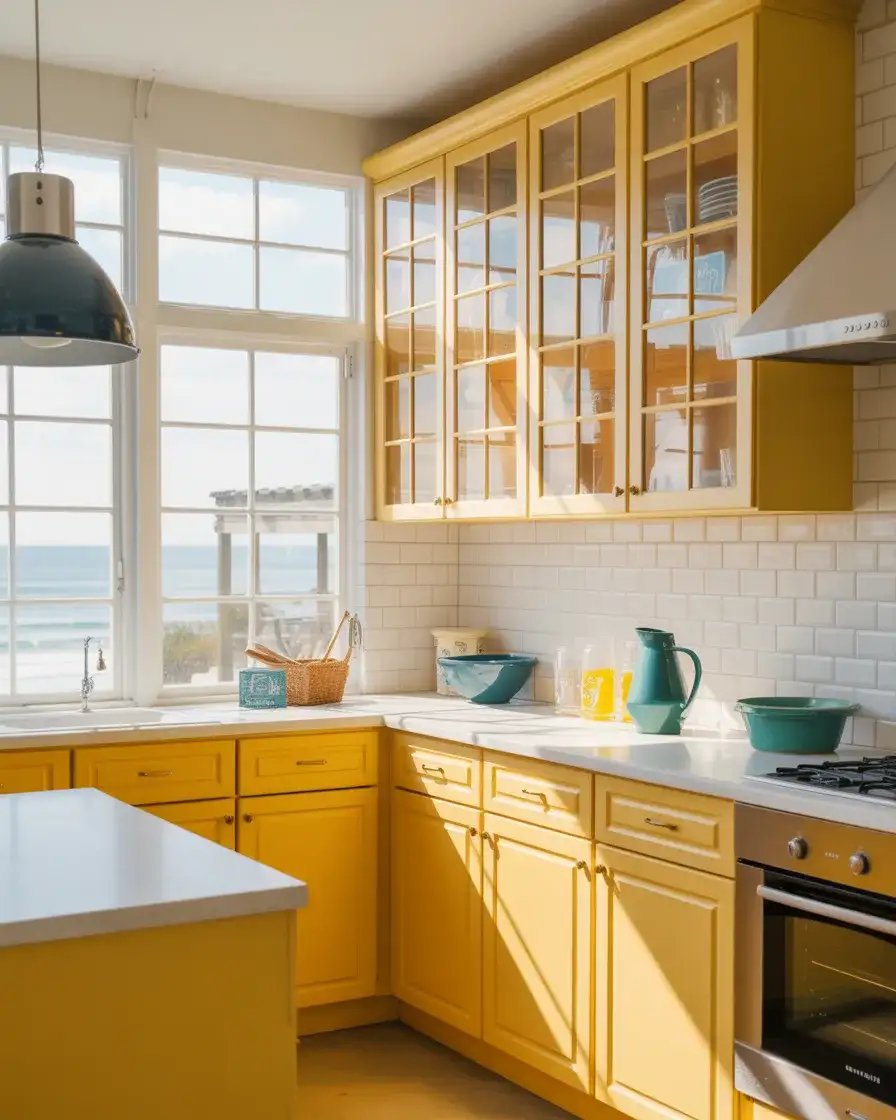 Bright Yellow Kitchen With White and Teal Coastal Accents 2