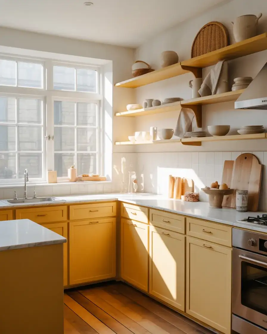 Butter-Toned Cabinets With Open Shelving 1